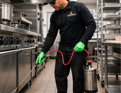 Pest control technician treating a commercial kitchen