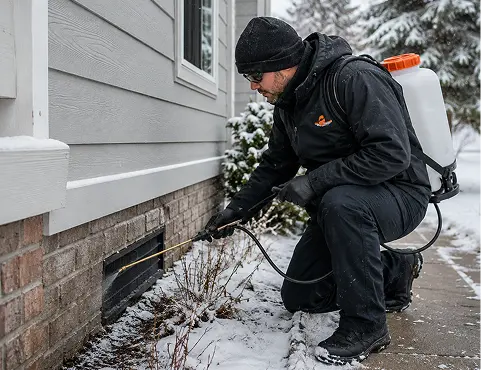 Pest control technician treating the exterior of a home for overwintering pests