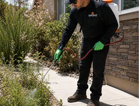Pest control technician treating a residential property