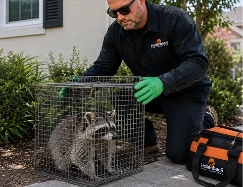Pest control technician removing a raccoon from a residential property