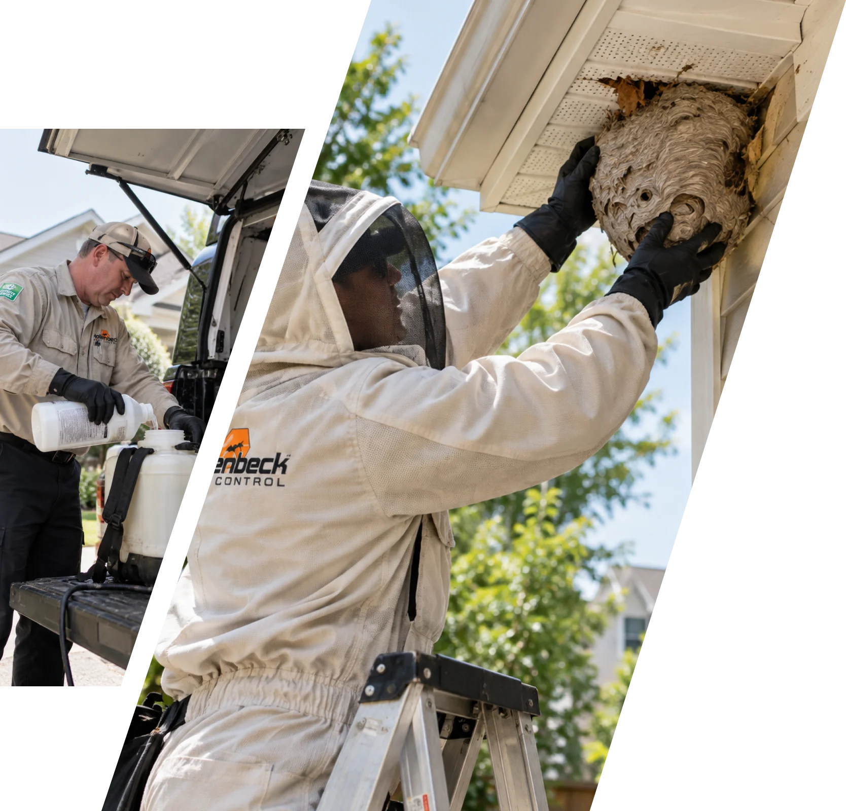 Pest control technician preparing equipment and solution for a pest treatment