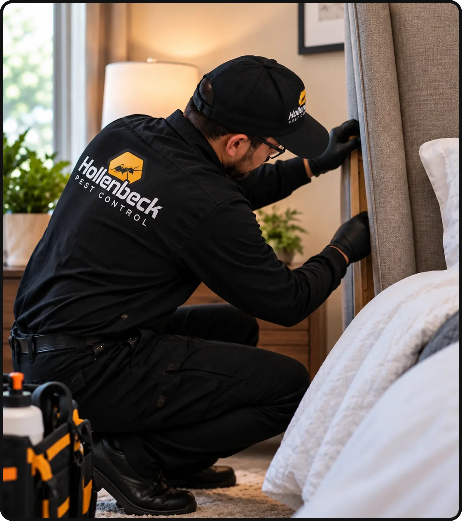 Hollenbeck Pest Control technician inspecting a bed headboard for bed bugs