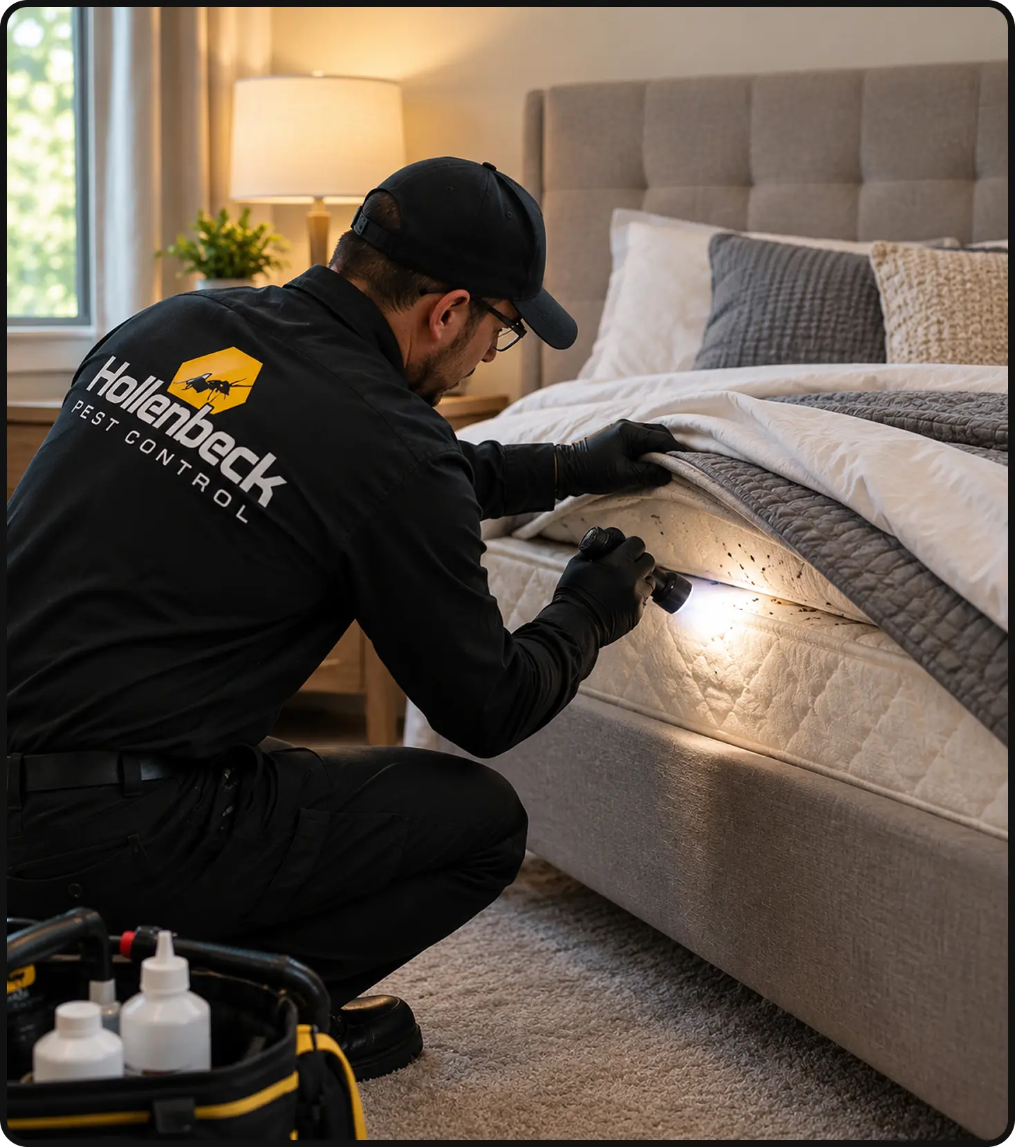 Hollenbeck Pest Control technician inspecting a mattress for bed bugs