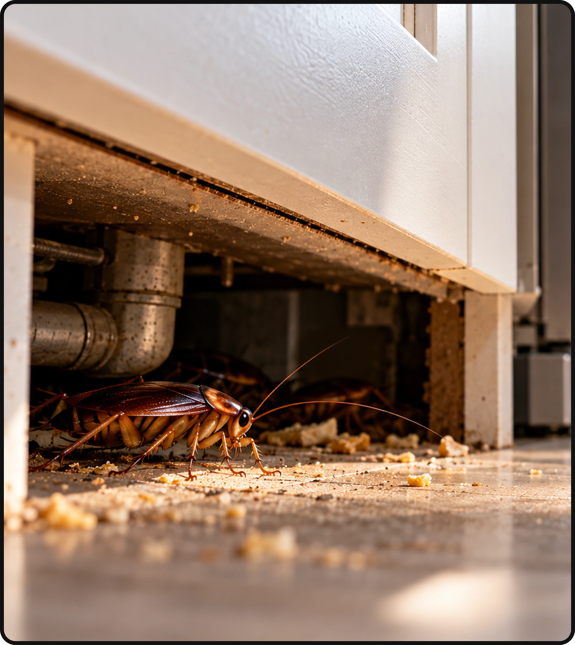 Cockroaches hiding beneath a kitchen cabinet near food debris