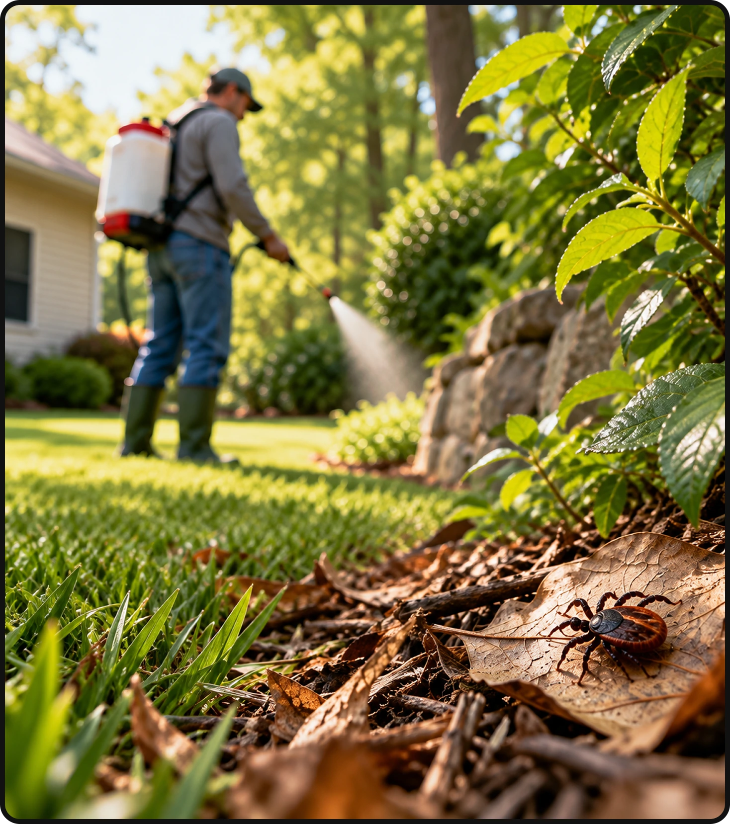 Tick hiding in leaf litter near a landscaped yard during flea and tick treatment