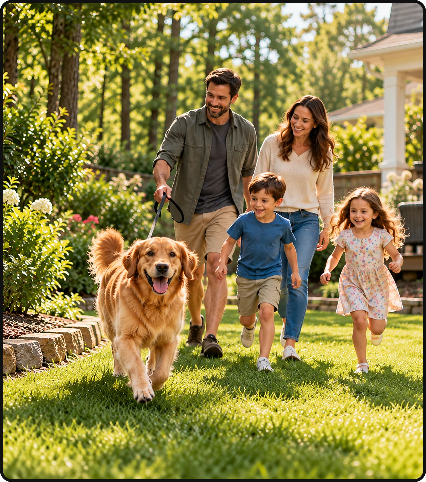 Family enjoying their backyard with a dog in a Hudson Valley home