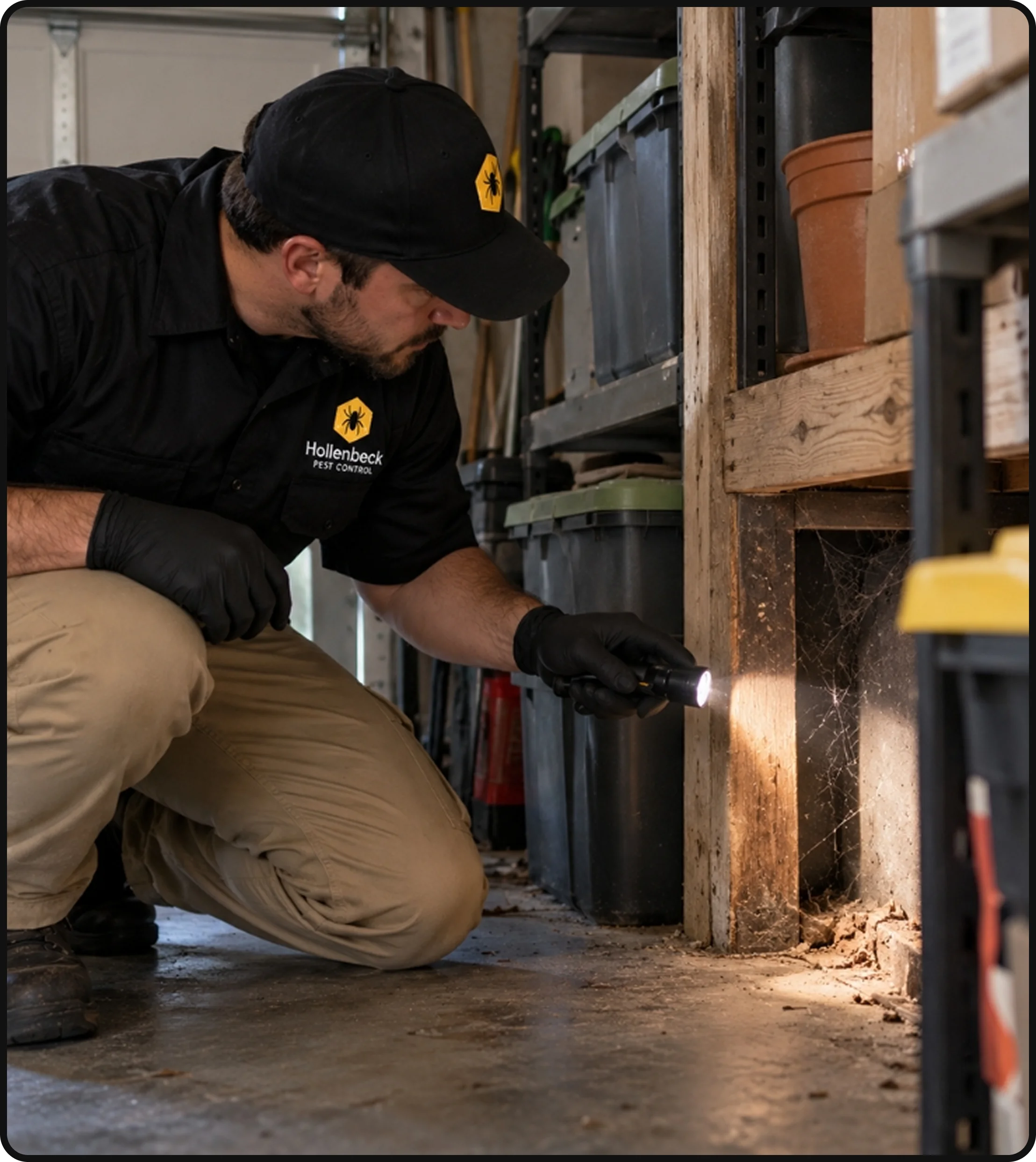 Hollenbeck Pest Control technician inspecting a garage for spiders and pests