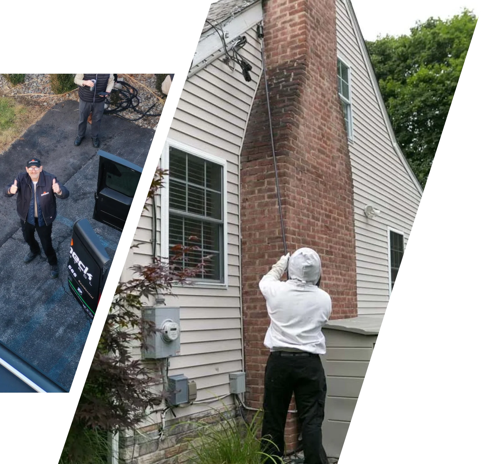 Hollenbeck Pest Control technician inspecting and treating a home's exterior near a brick chimney for potential pest activity.