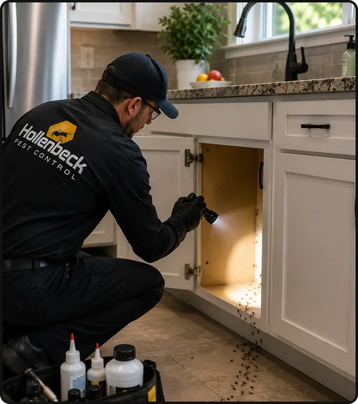 Hollenbeck Pest Control technician inspecting a kitchen cabinet for pests