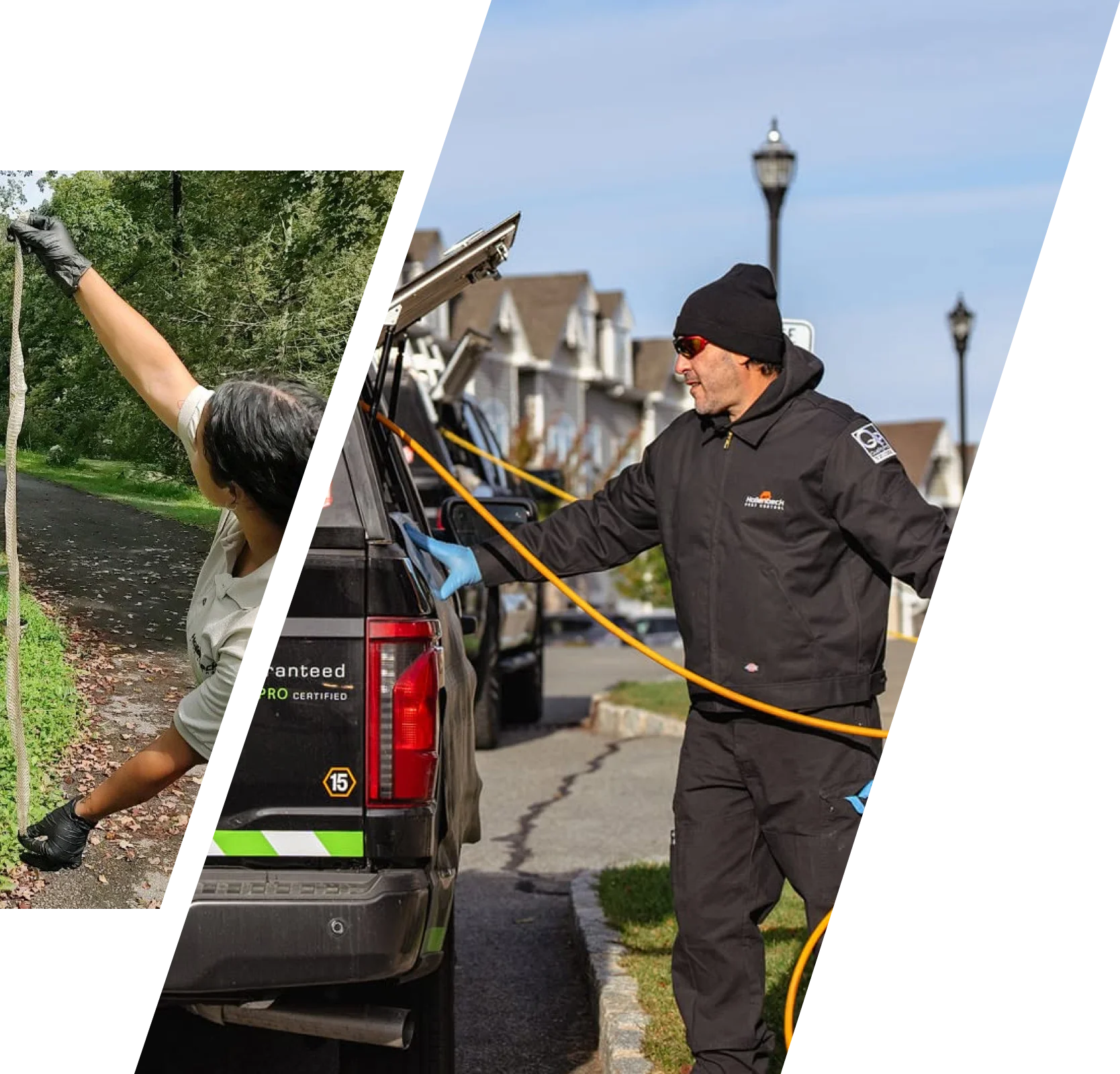 Hollenbeck Pest Control technician preparing pest treatment equipment beside a service truck in a residential neighborhood.