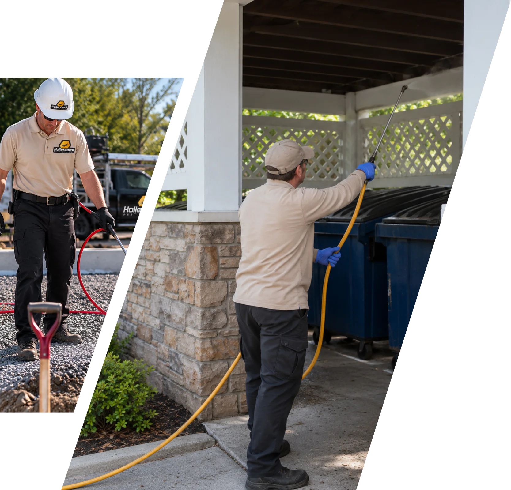 Hollenbeck Pest Control technicians performing pest treatment around a residential property and outdoor dumpster area.
