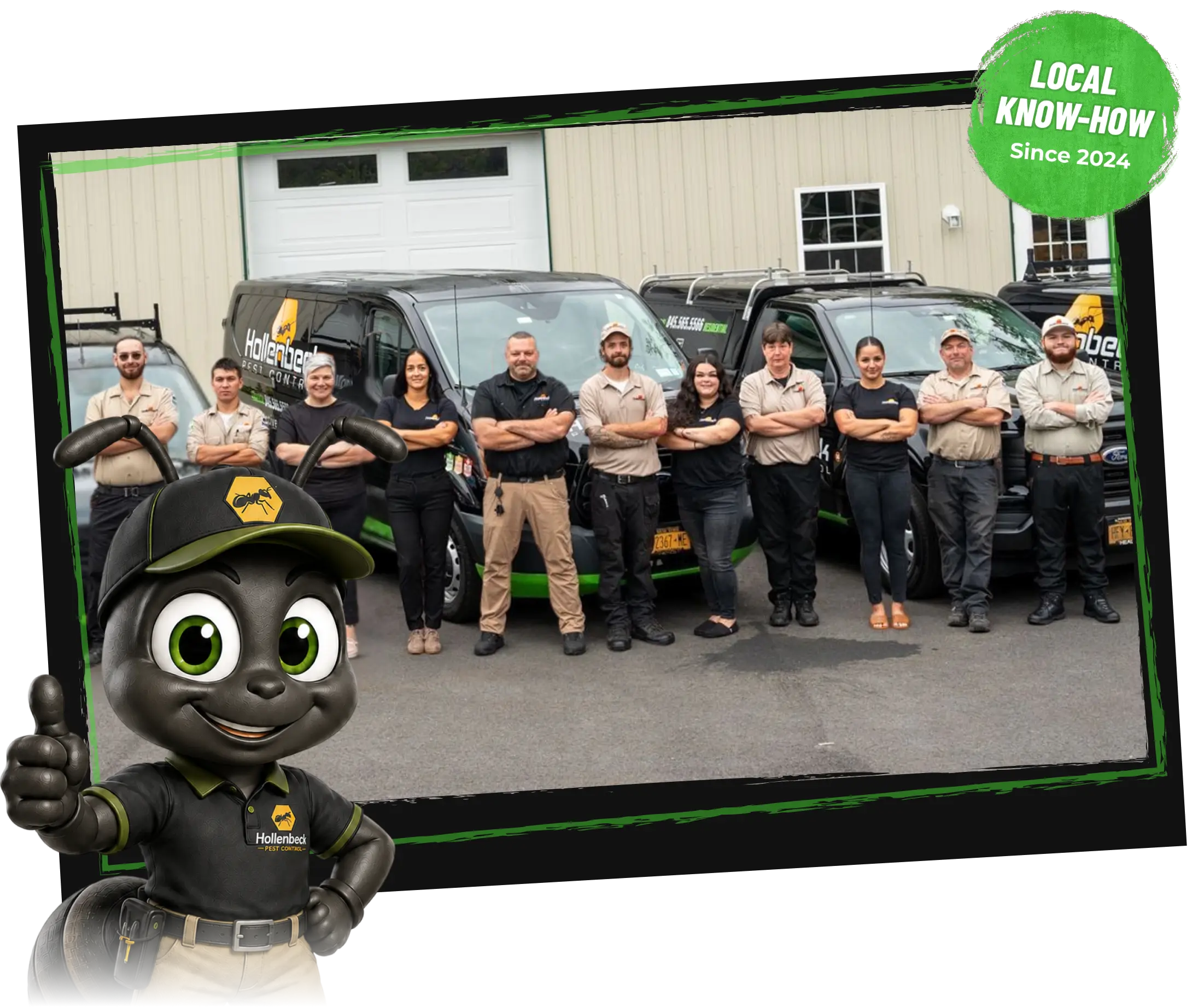 Hollenbeck Pest Control team with company vehicles and mascot