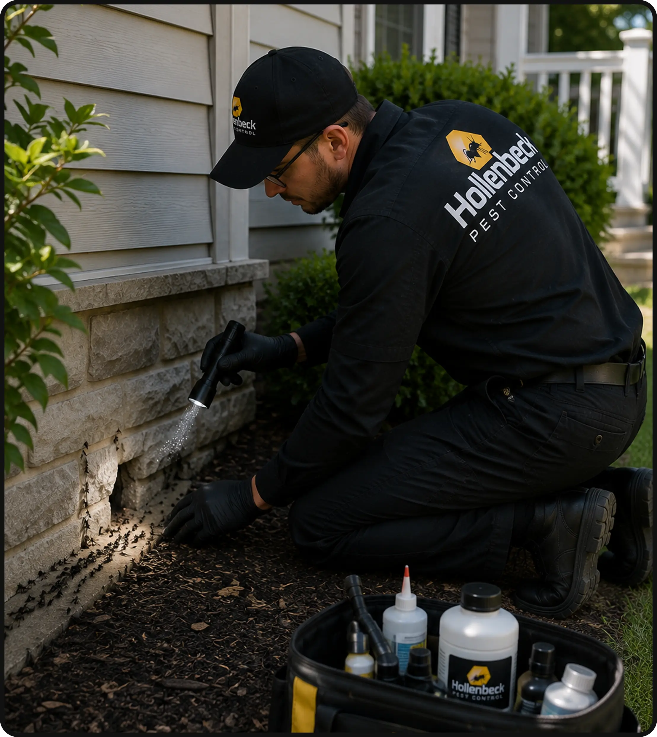 Hollenbeck Pest Control technician treating ants along the exterior of a home