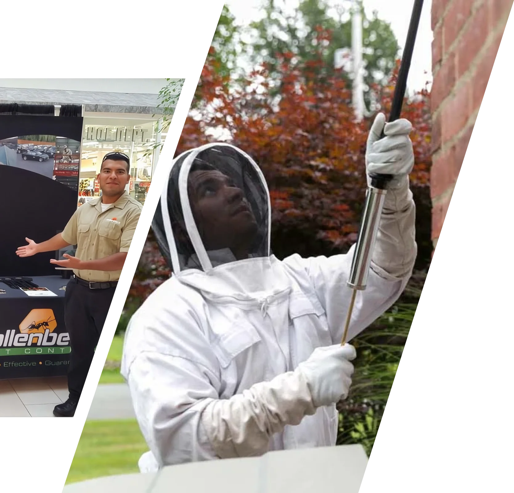 Hollenbeck Pest Control technician in protective coveralls inspecting a building exterior with professional pest treatment equipment.