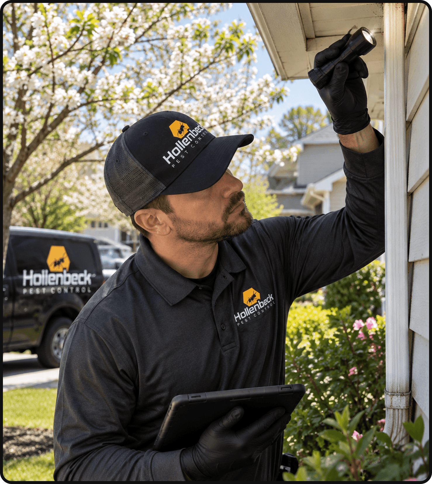 Hollenbeck Pest Control technician inspecting a residential property for pests