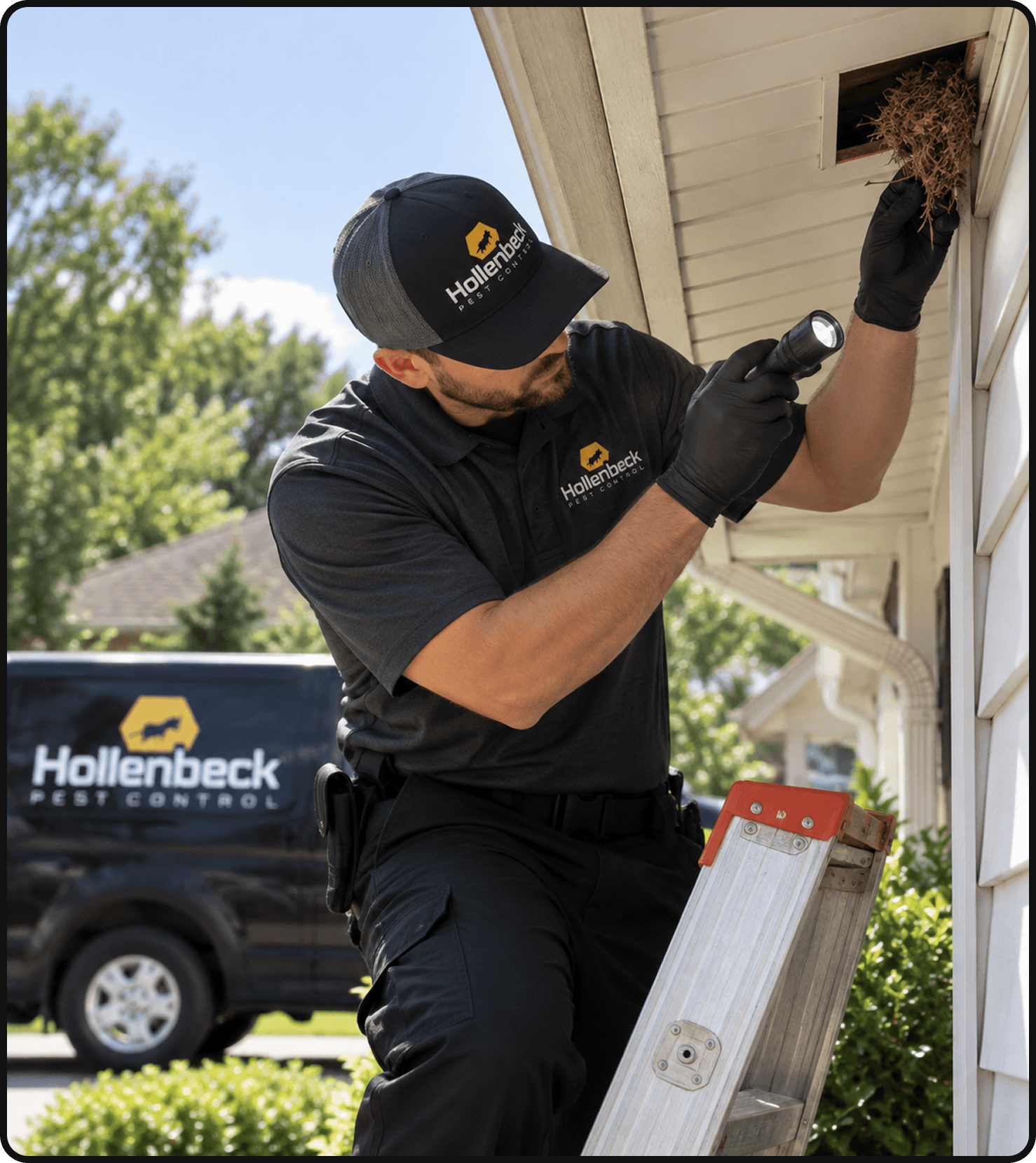 Hollenbeck Pest Control technician inspecting a residential roof eave for wildlife intrusion