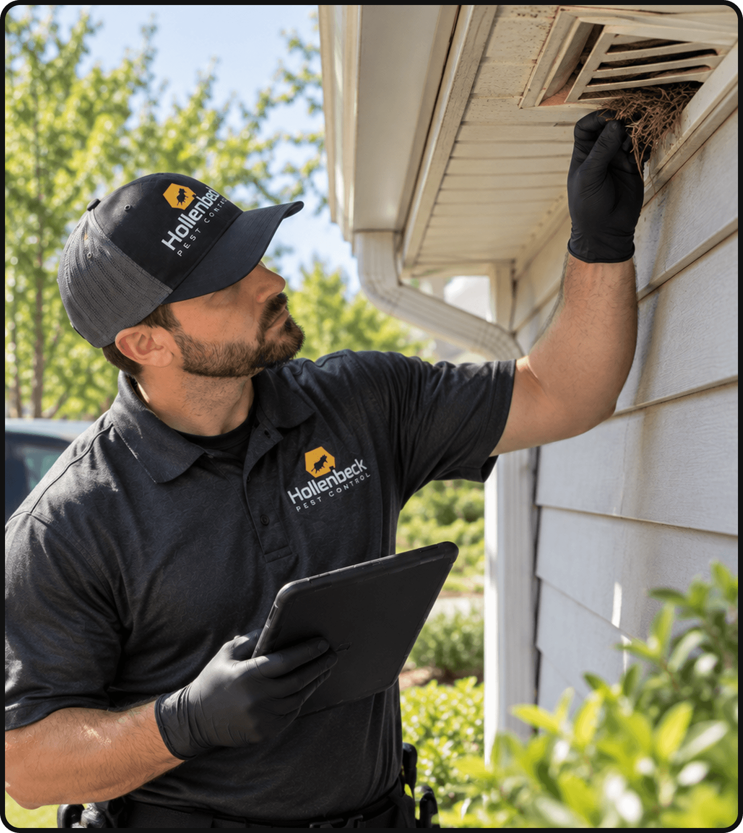 Hollenbeck Pest Control technician inspecting a home for wildlife intrusion