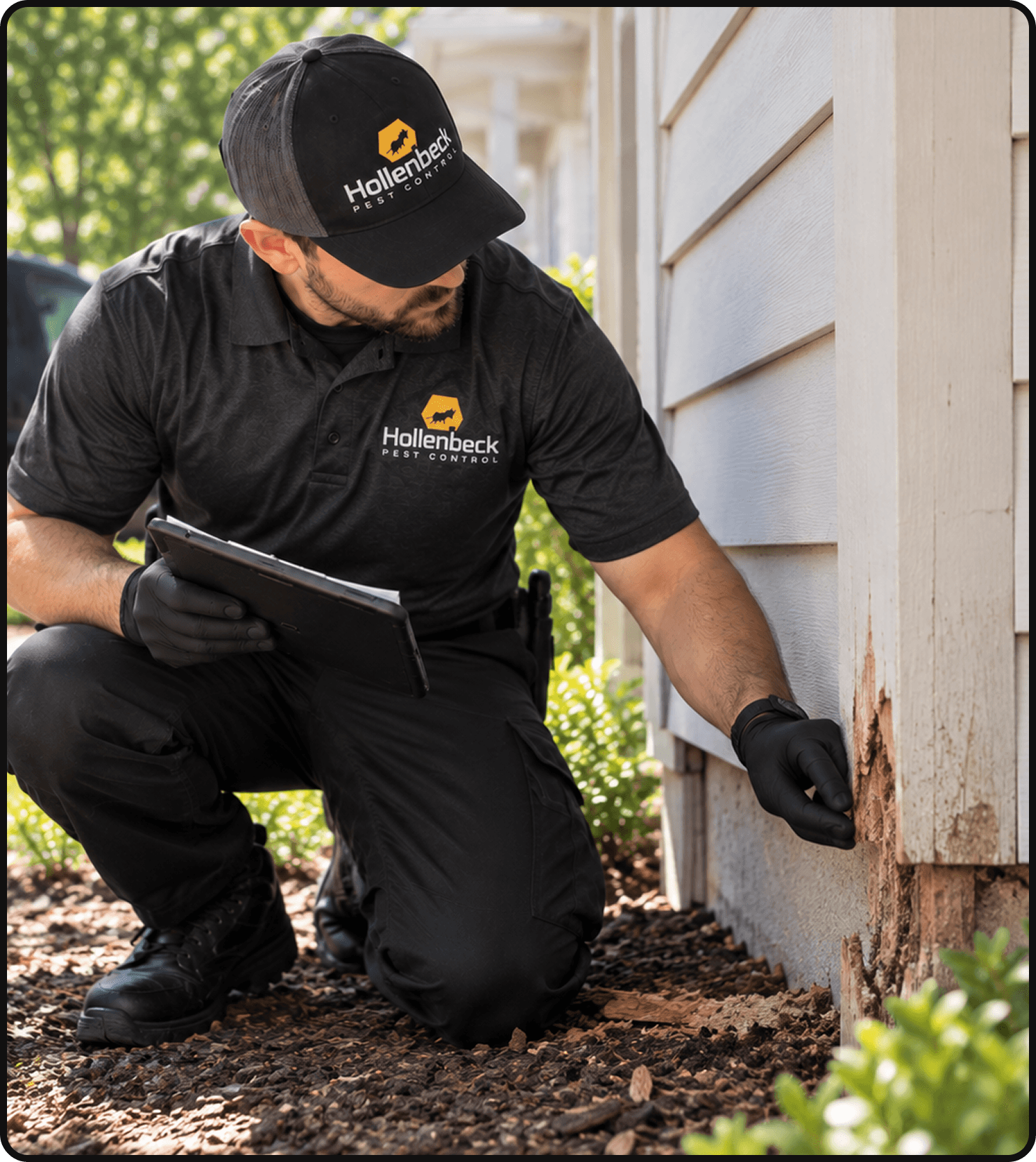 Hollenbeck Pest Control technician inspecting a home for termite damage