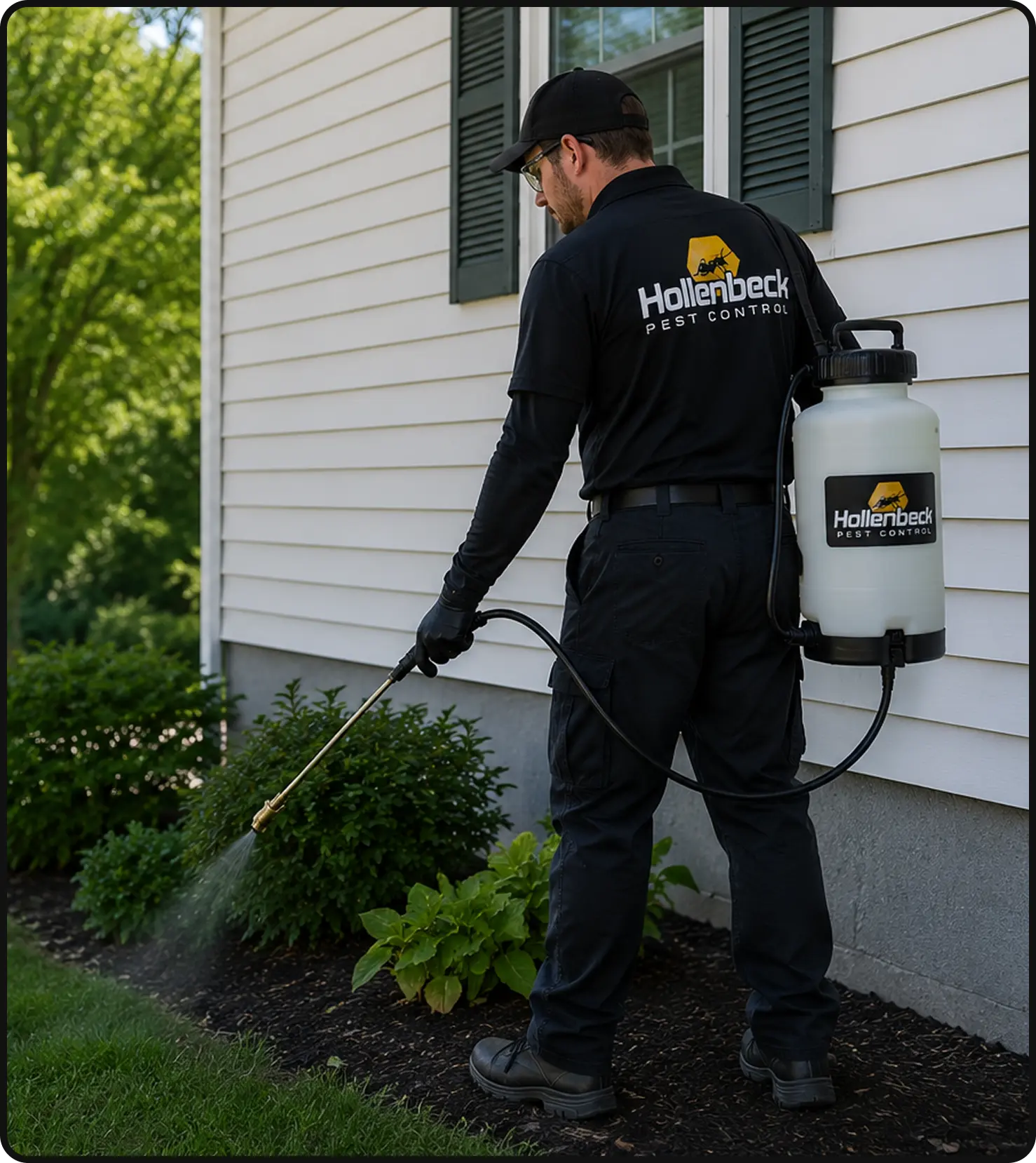 Hollenbeck Pest Control technician spraying the exterior of a home for pest control treatment