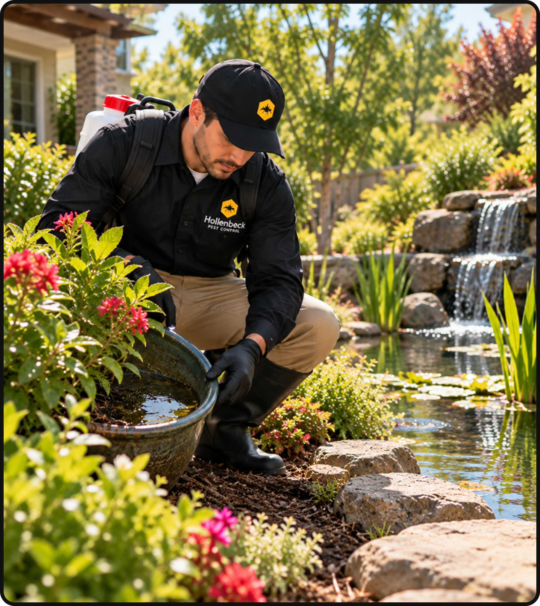 Hollenbeck Pest Control technician treating a residential yard near a water feature