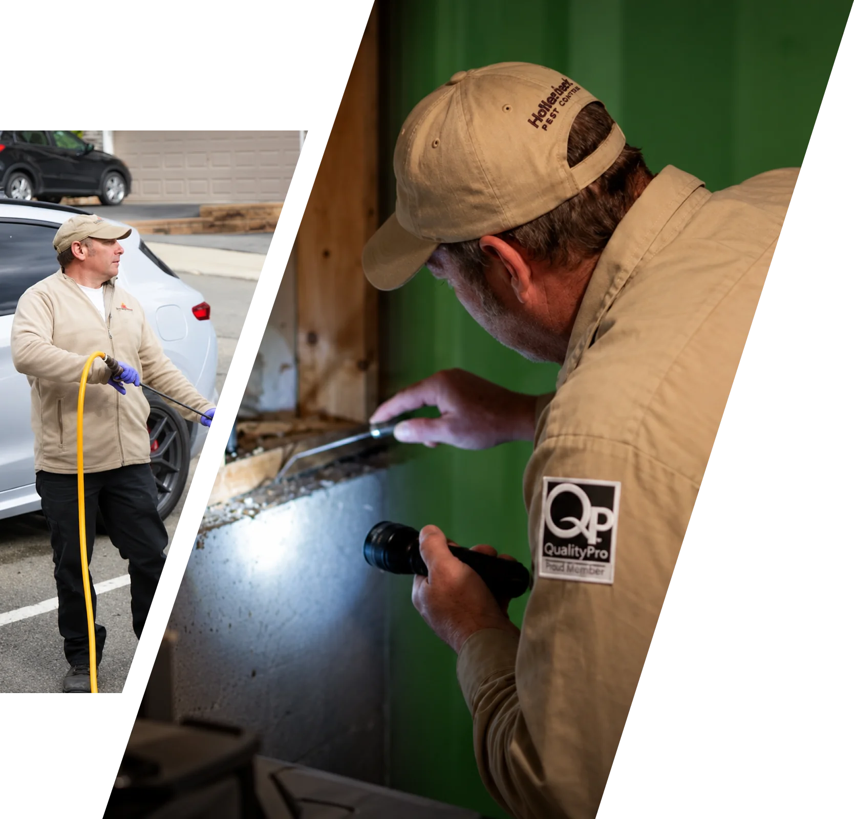 Hollenbeck Pest Control technicians performing indoor pest inspection and outdoor pest treatment at a residential property