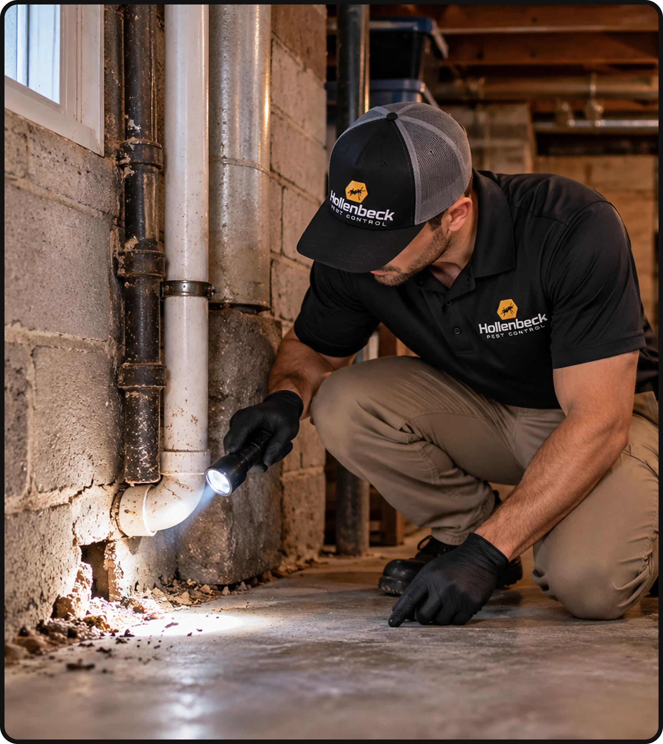Hollenbeck Pest Control technician inspecting a basement foundation for signs of rodent activity
