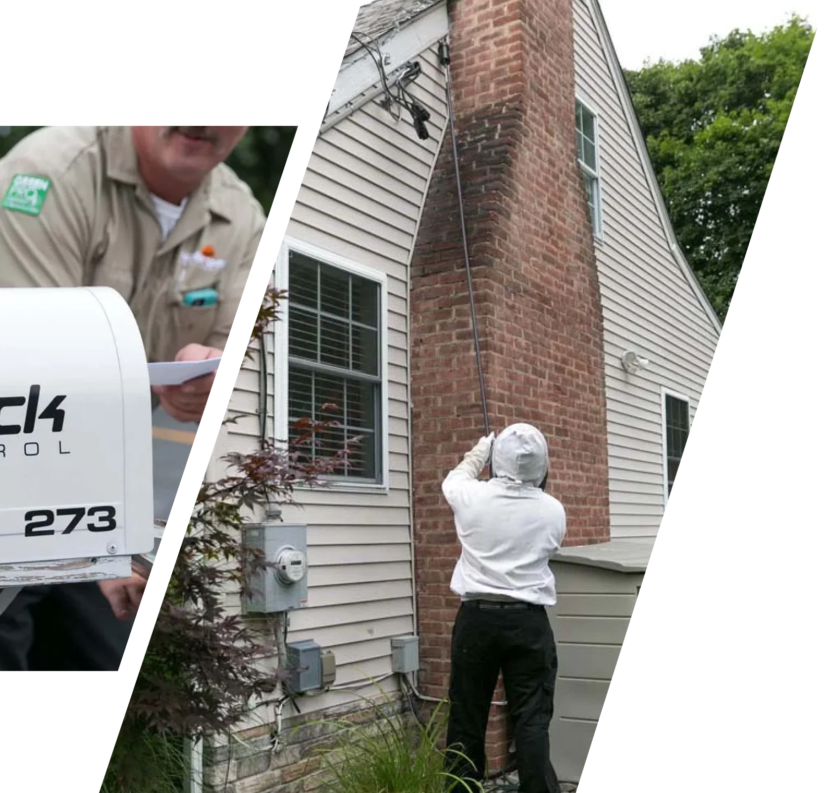 Pest control technician inspecting the exterior of a home for pest activity