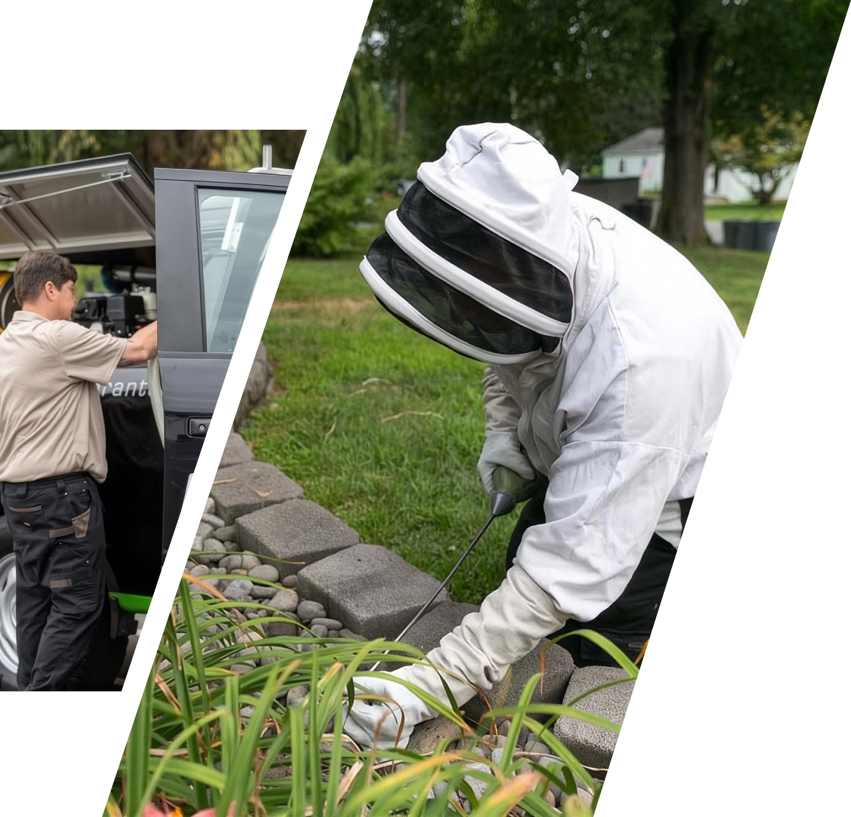 Pest control technician treating a residential property in Monroe, NY