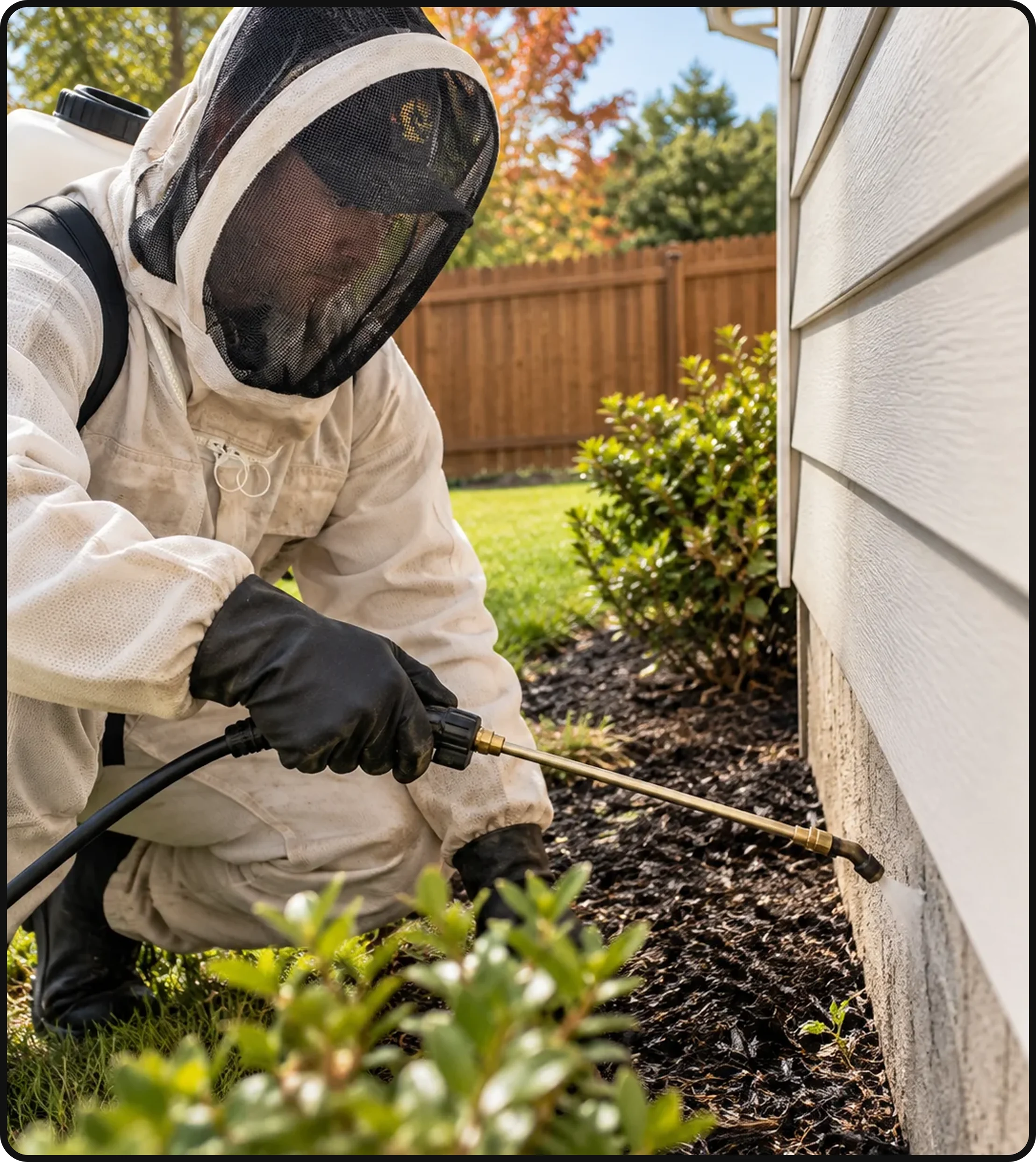 Pest control technician treating the exterior of a home with a sprayer