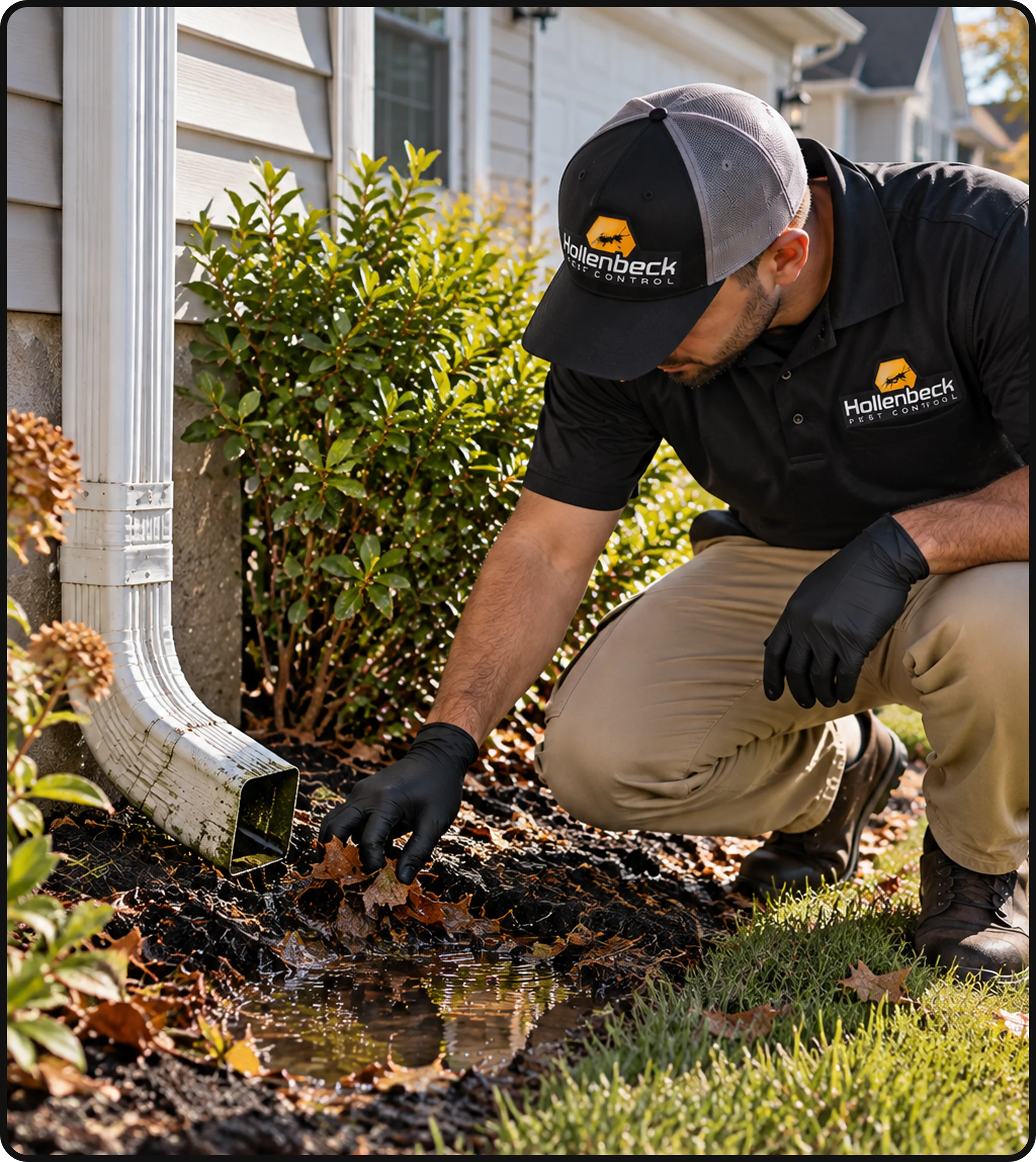 Hollenbeck Pest Control technician inspecting standing water near a residential home’s downspout