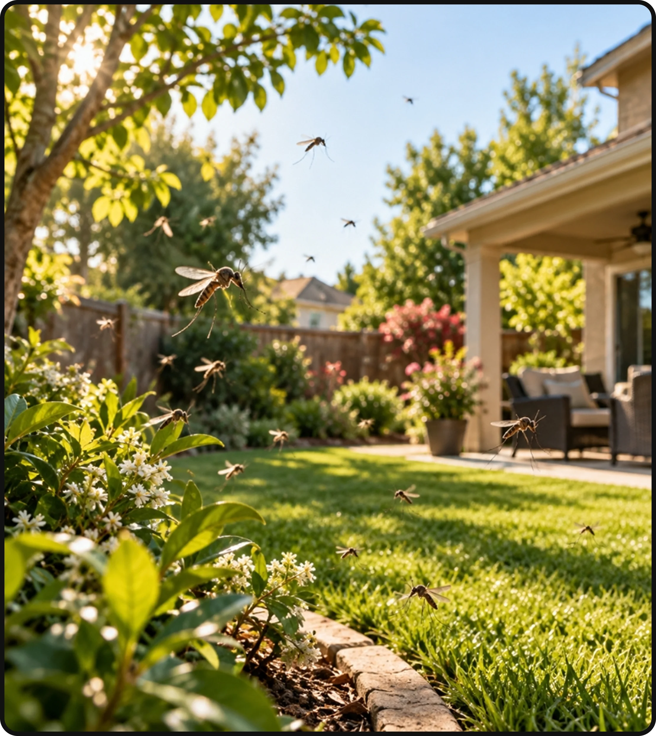 Mosquitoes around a residential backyard and garden