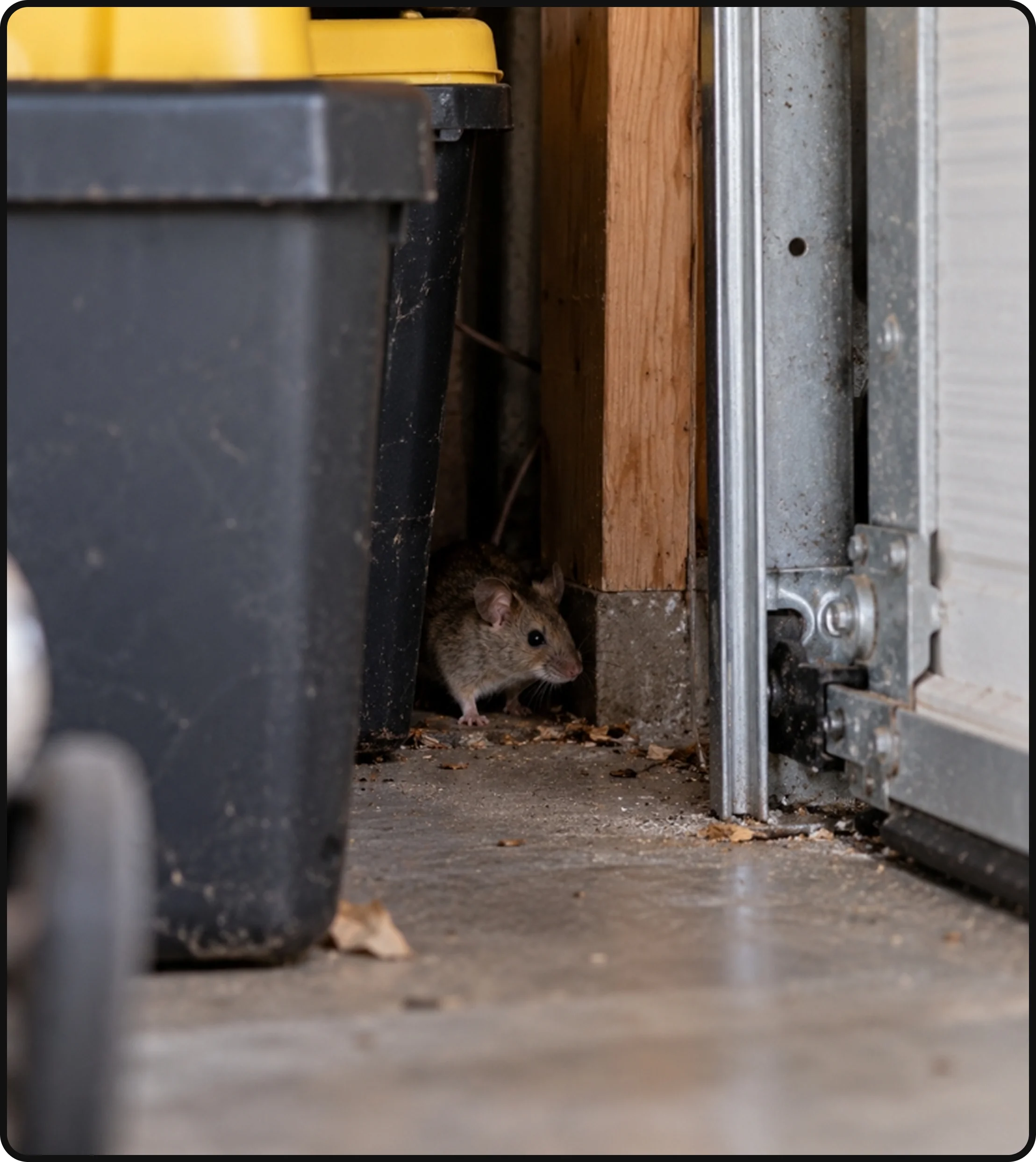 Rodent hiding near a garage door and storage area