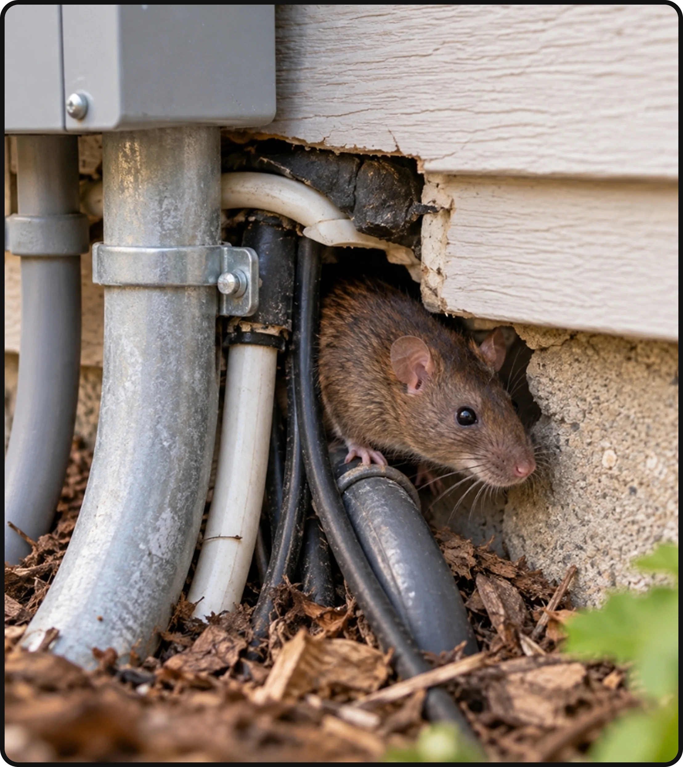 Rat hiding near pipes and an exterior wall of a home
