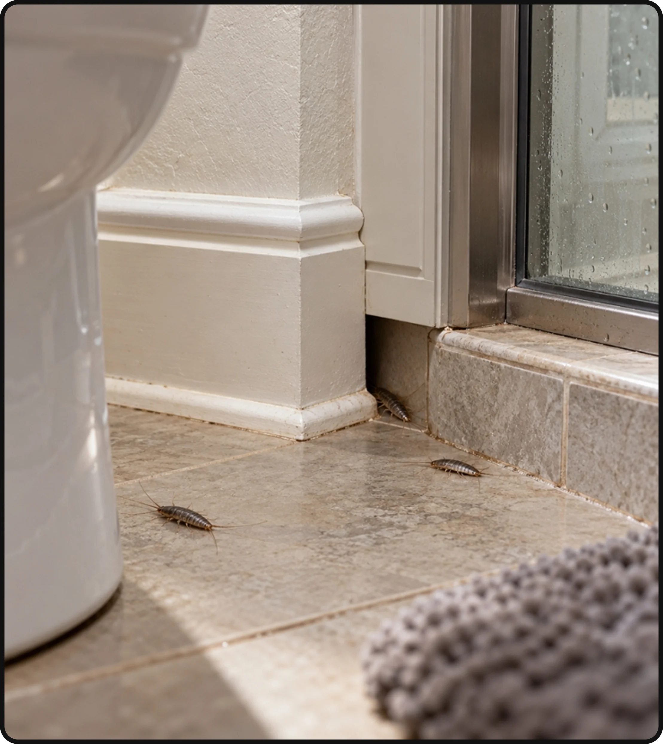 Silverfish hiding near a bathroom baseboard and doorway