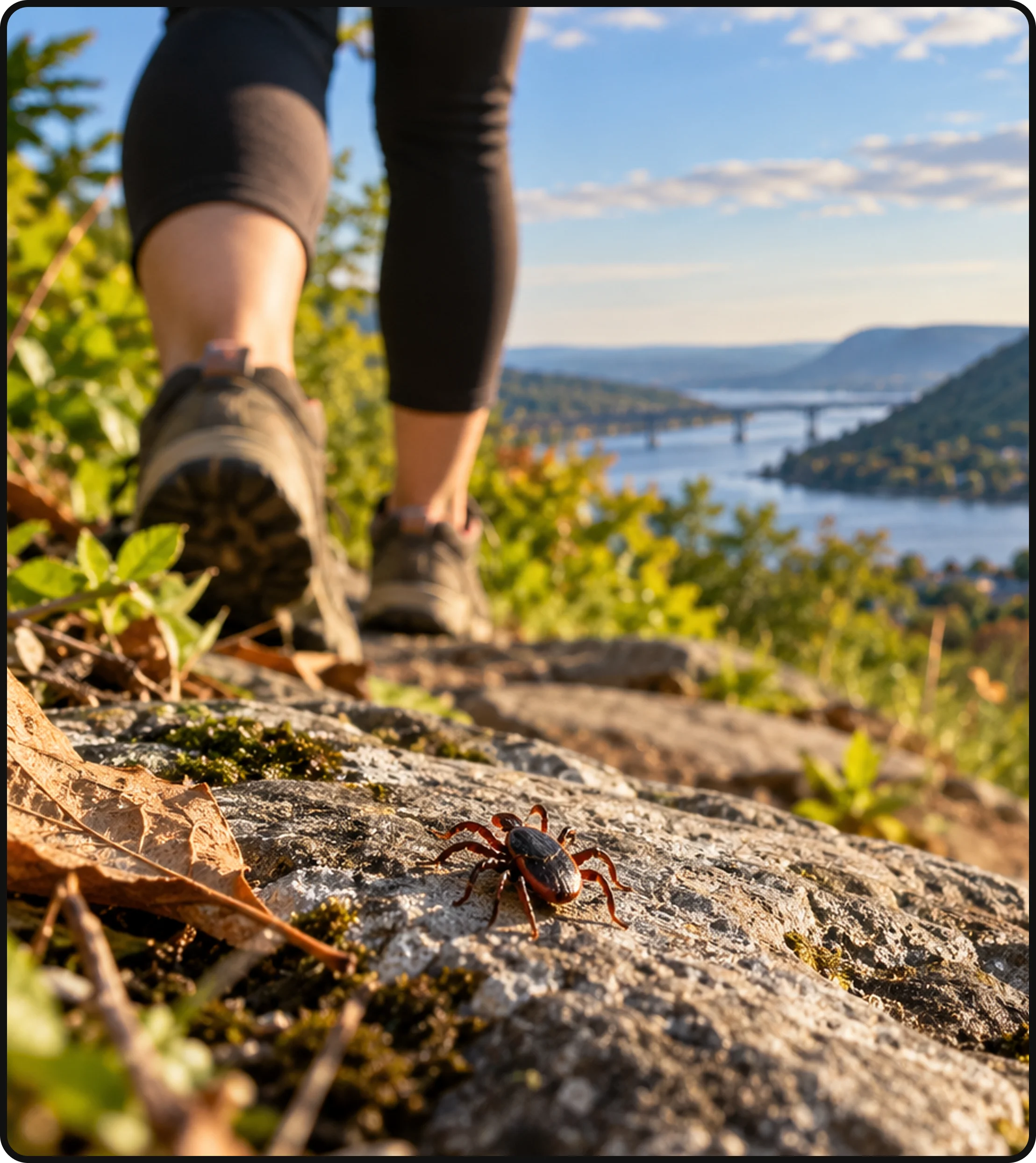 Tick on a rock along a wooded hiking trail overlooking the Hudson Valley