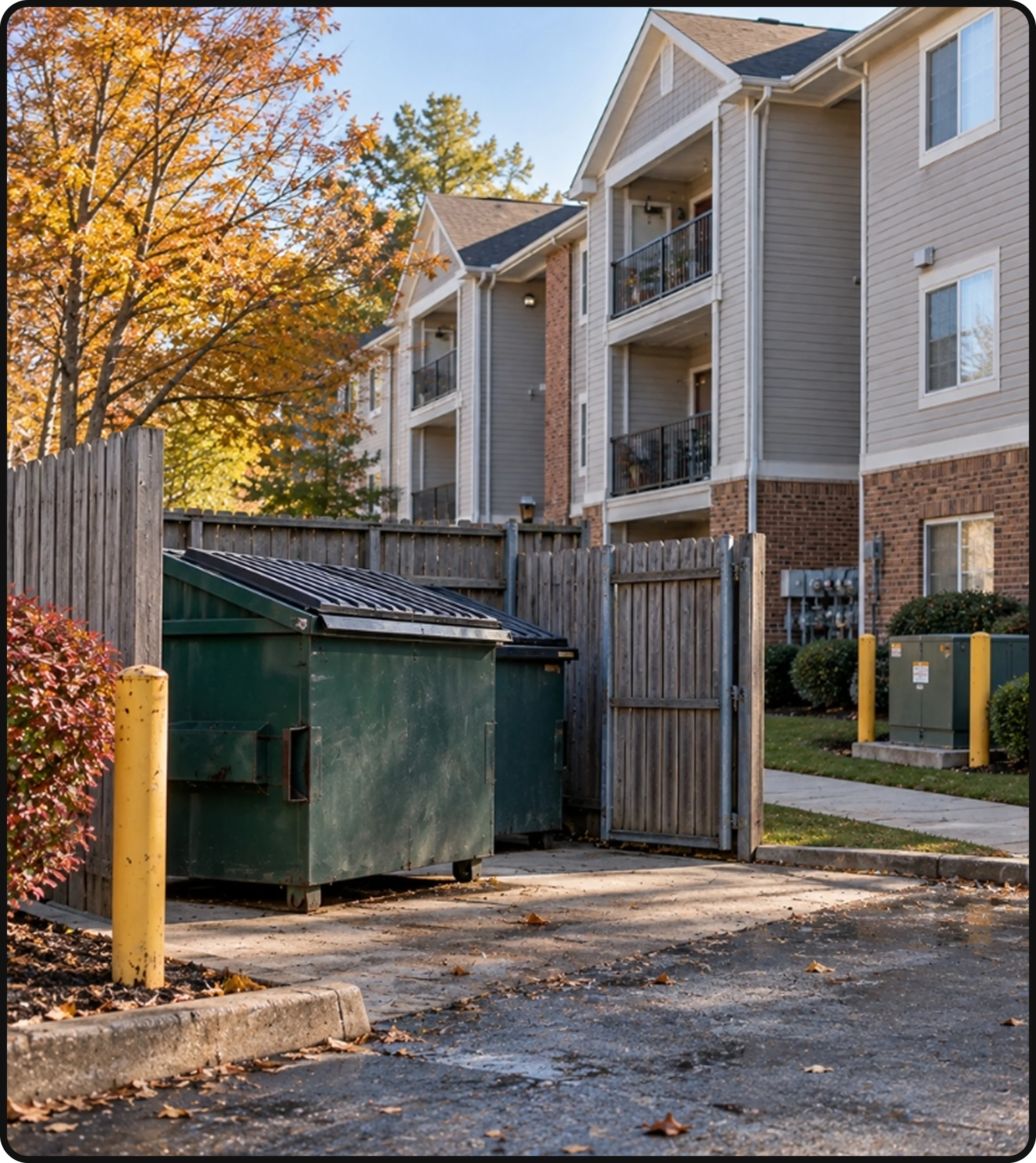 Apartment complex dumpster area with residential buildings, utility equipment and landscaped grounds