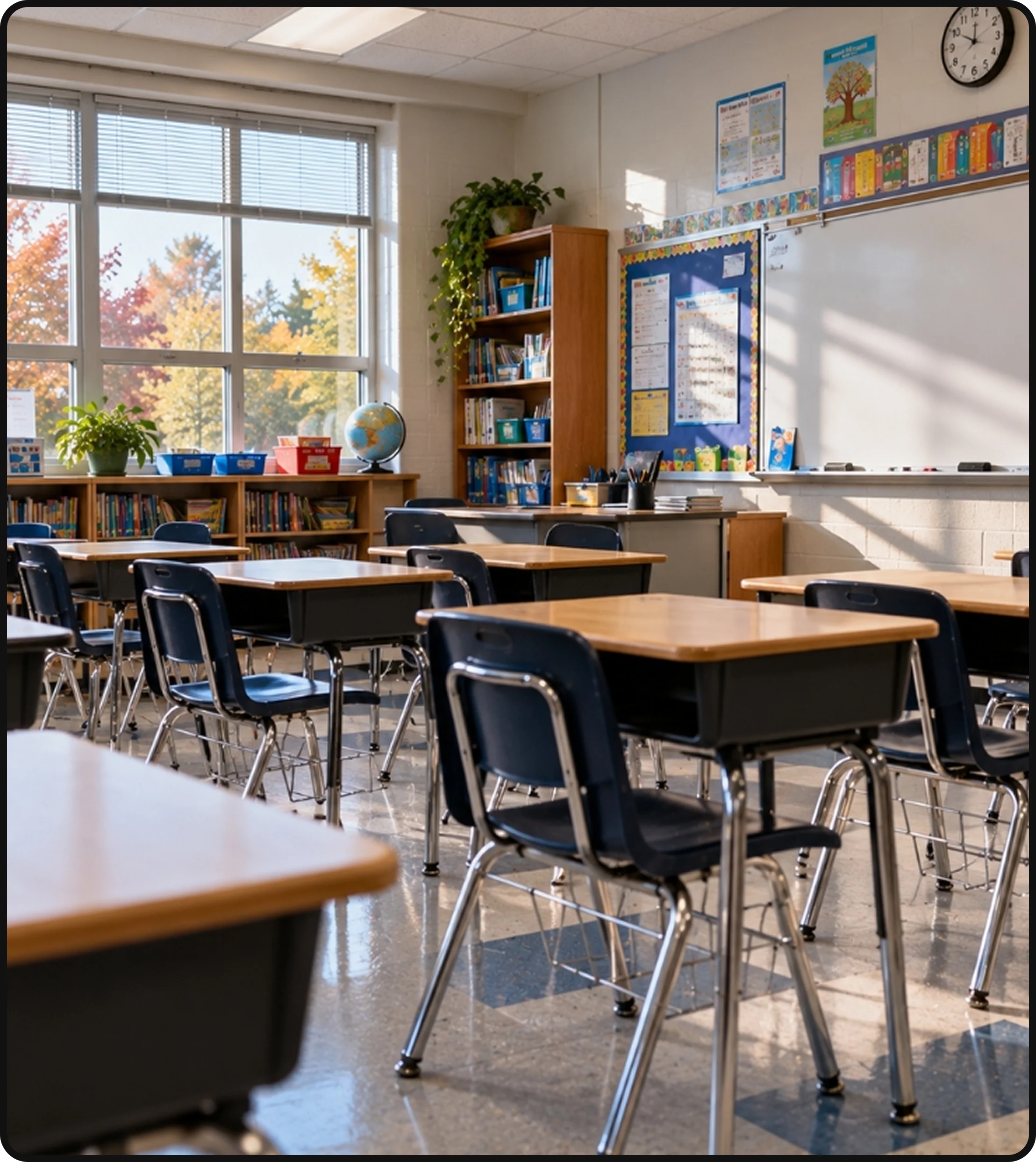 Classroom interior with student desks, chairs, whiteboard and educational materials