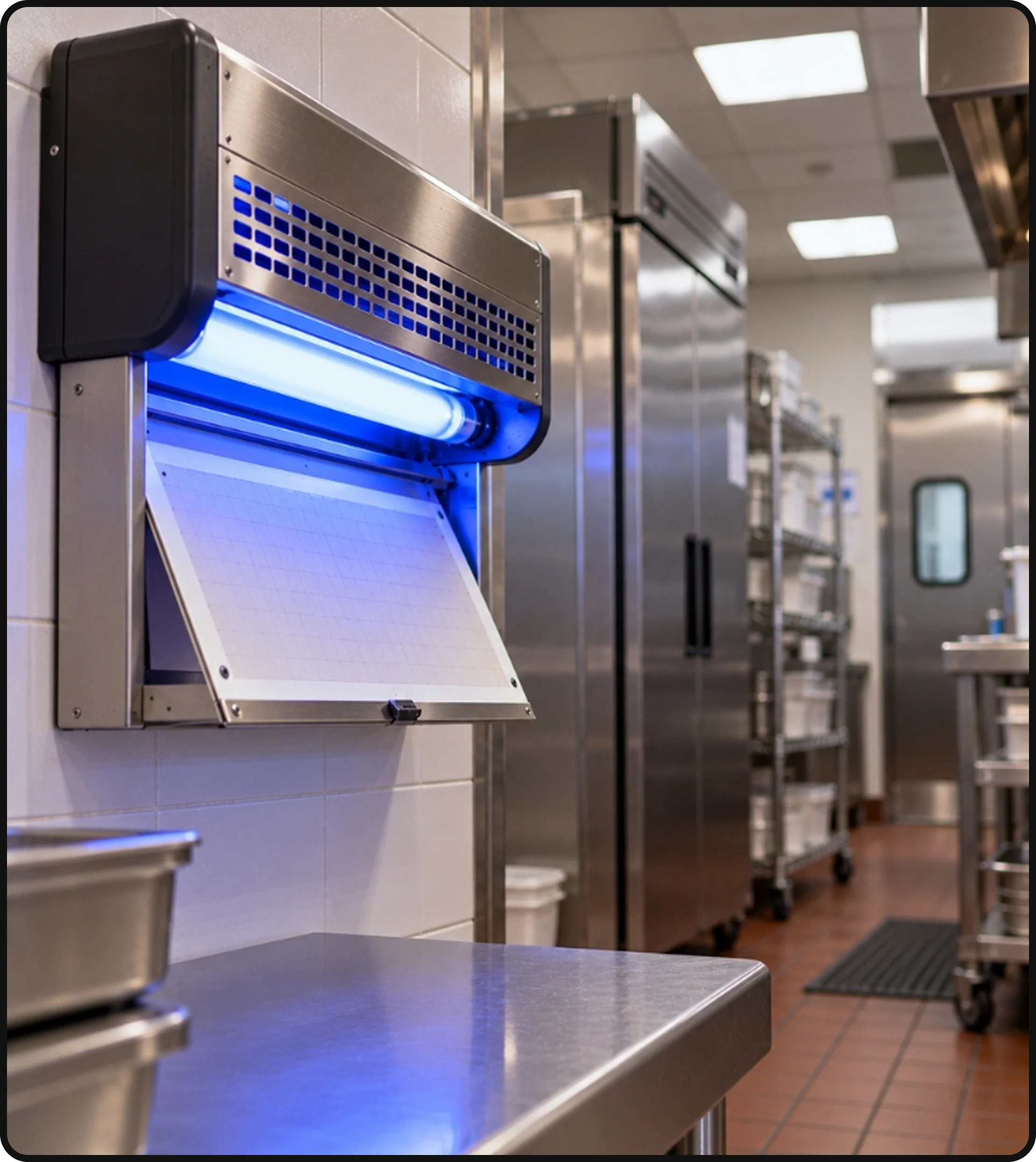 Commercial kitchen fly light installed near food preparation and storage areas