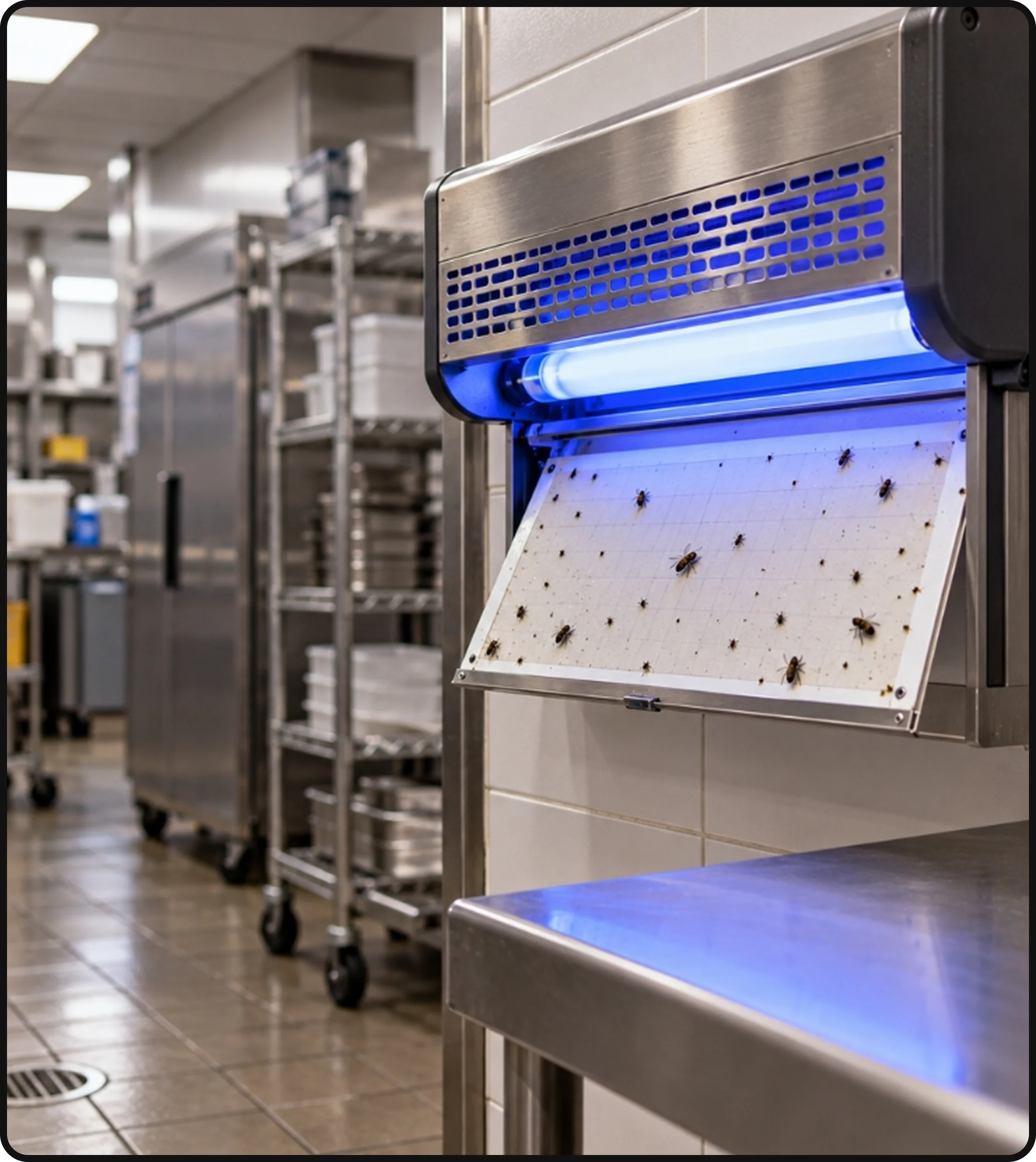 Commercial kitchen fly light capturing flies near food preparation and storage areas