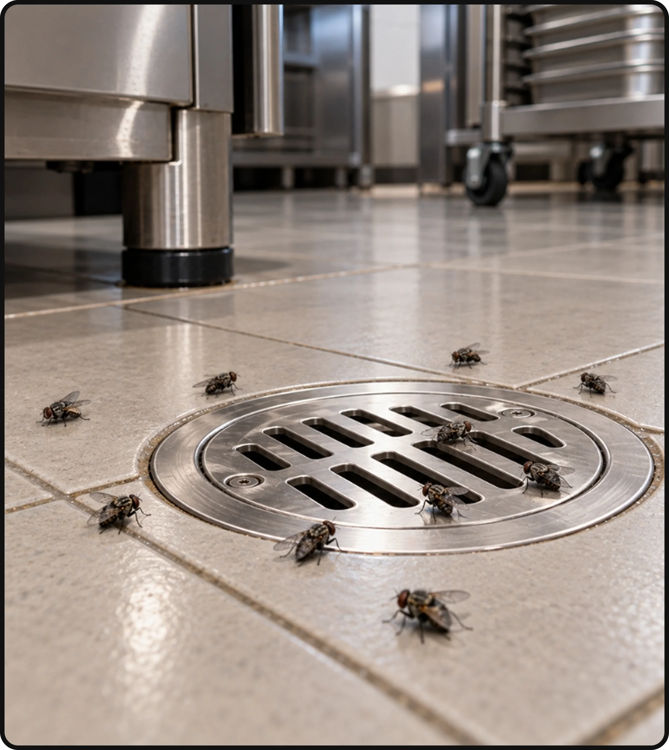Flies gathered around a commercial kitchen floor drain