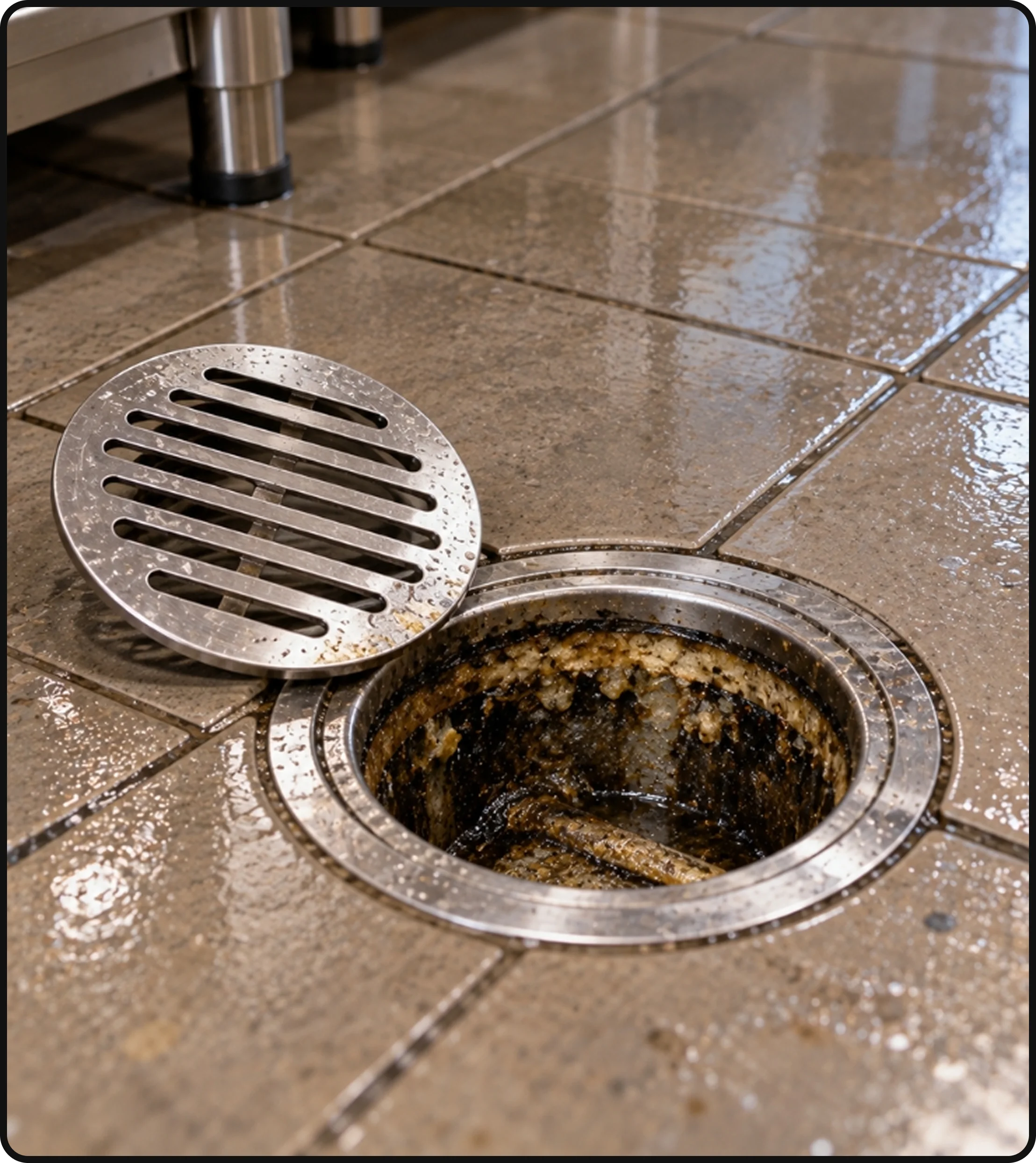 Commercial kitchen floor drain with accumulated debris and residue