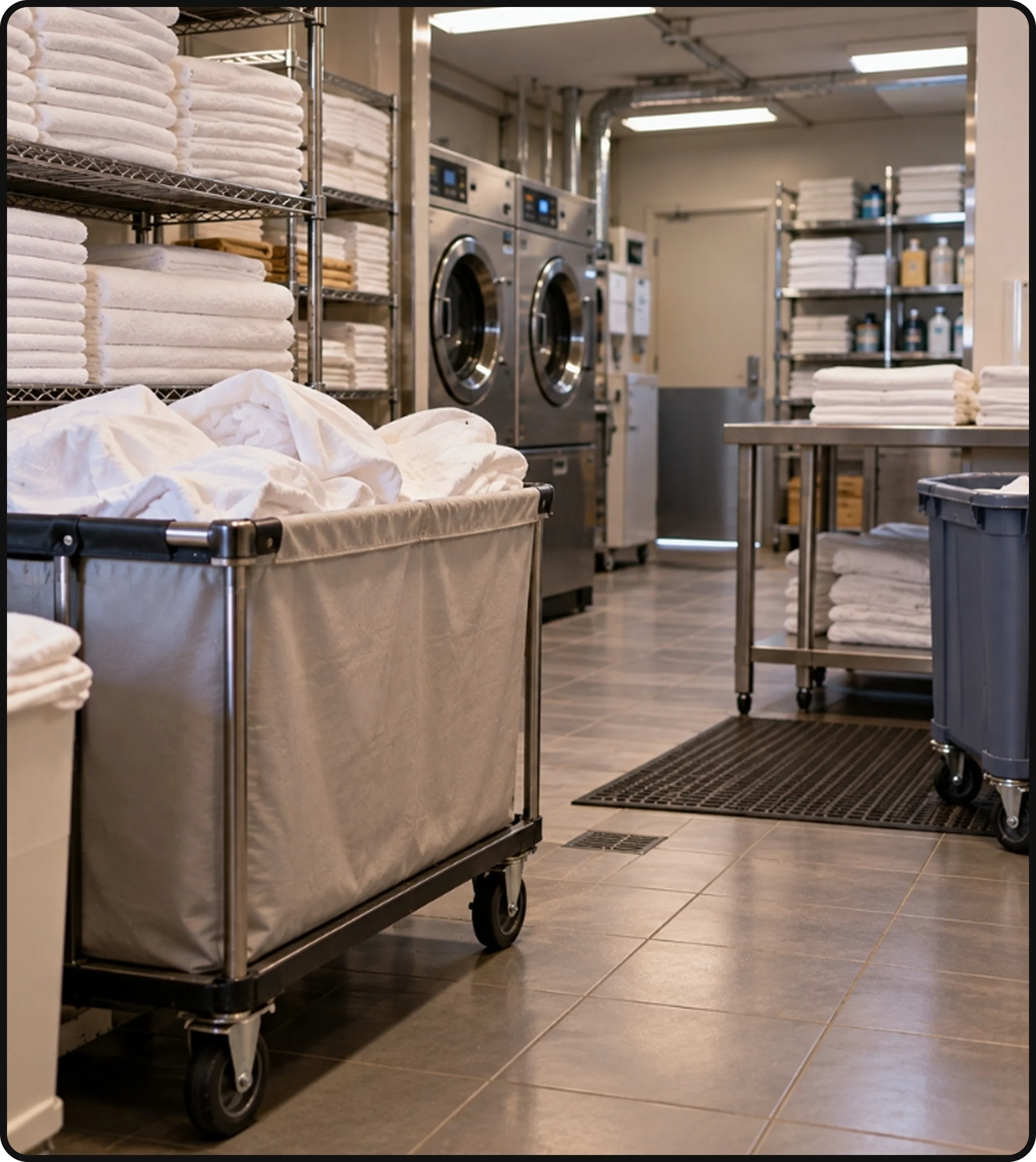 Commercial laundry facility with linen carts, industrial washing machines and stacked linens