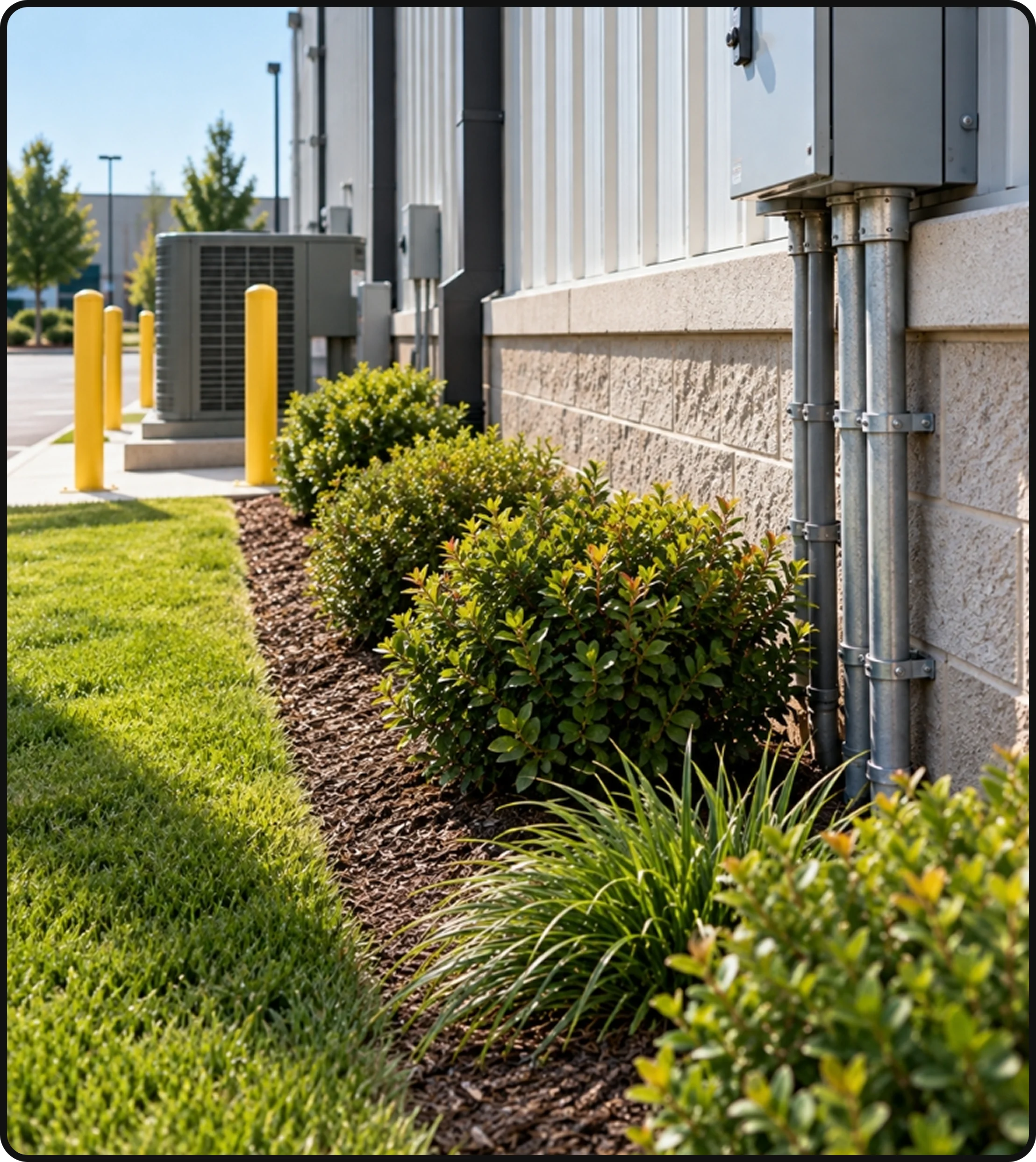 Commercial property landscaping with maintained shrubs, grass and vegetation along the building exterior