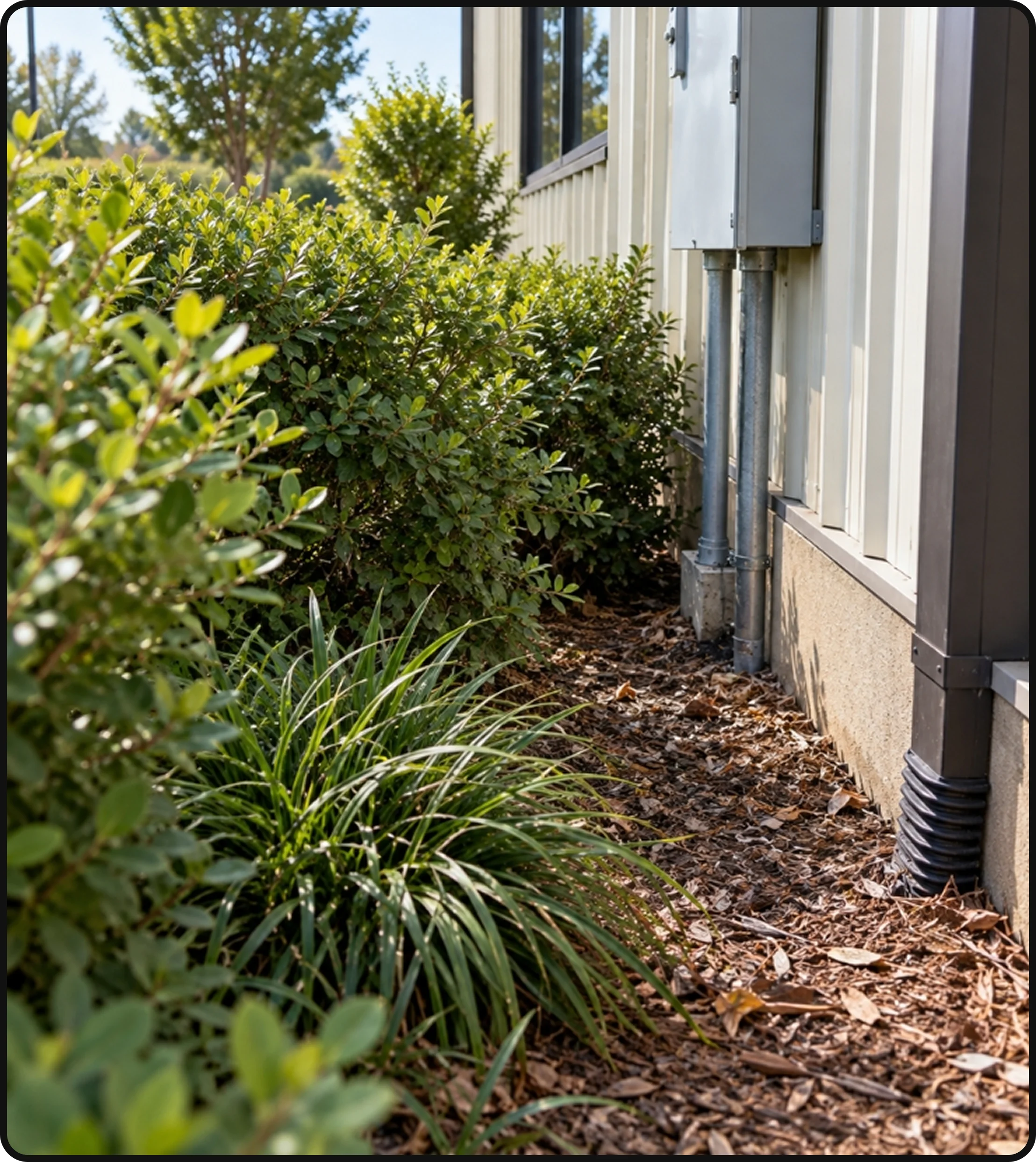 Commercial property landscaping with shrubs and vegetation along the building exterior