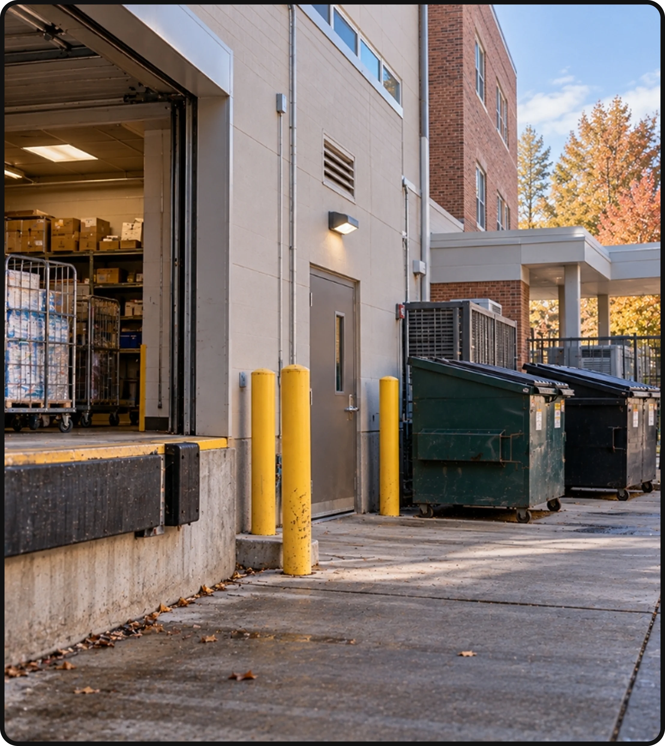 Healthcare facility loading dock with waste containers, delivery area and service entrance