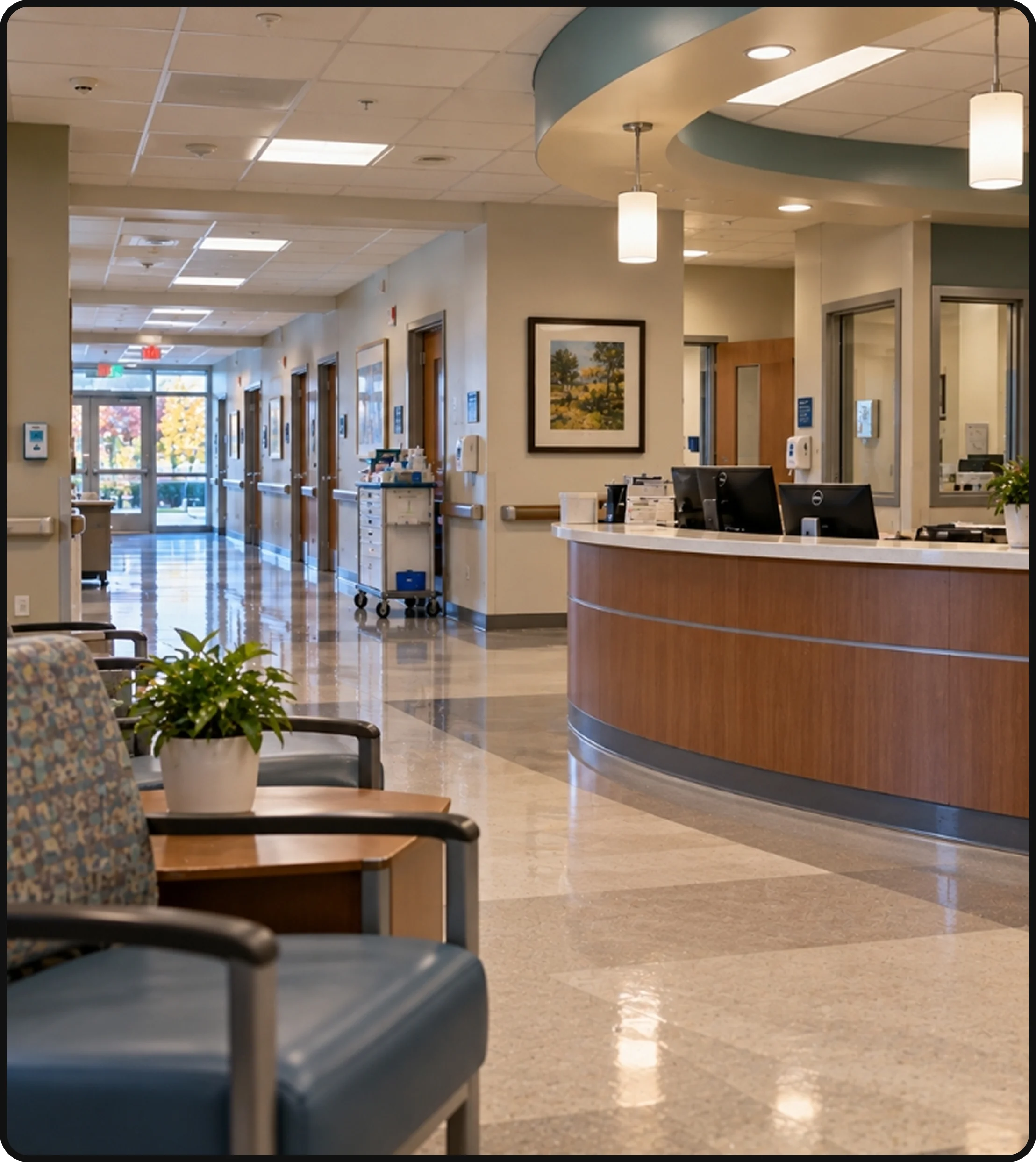 Healthcare facility reception area with patient seating, front desk and hallway