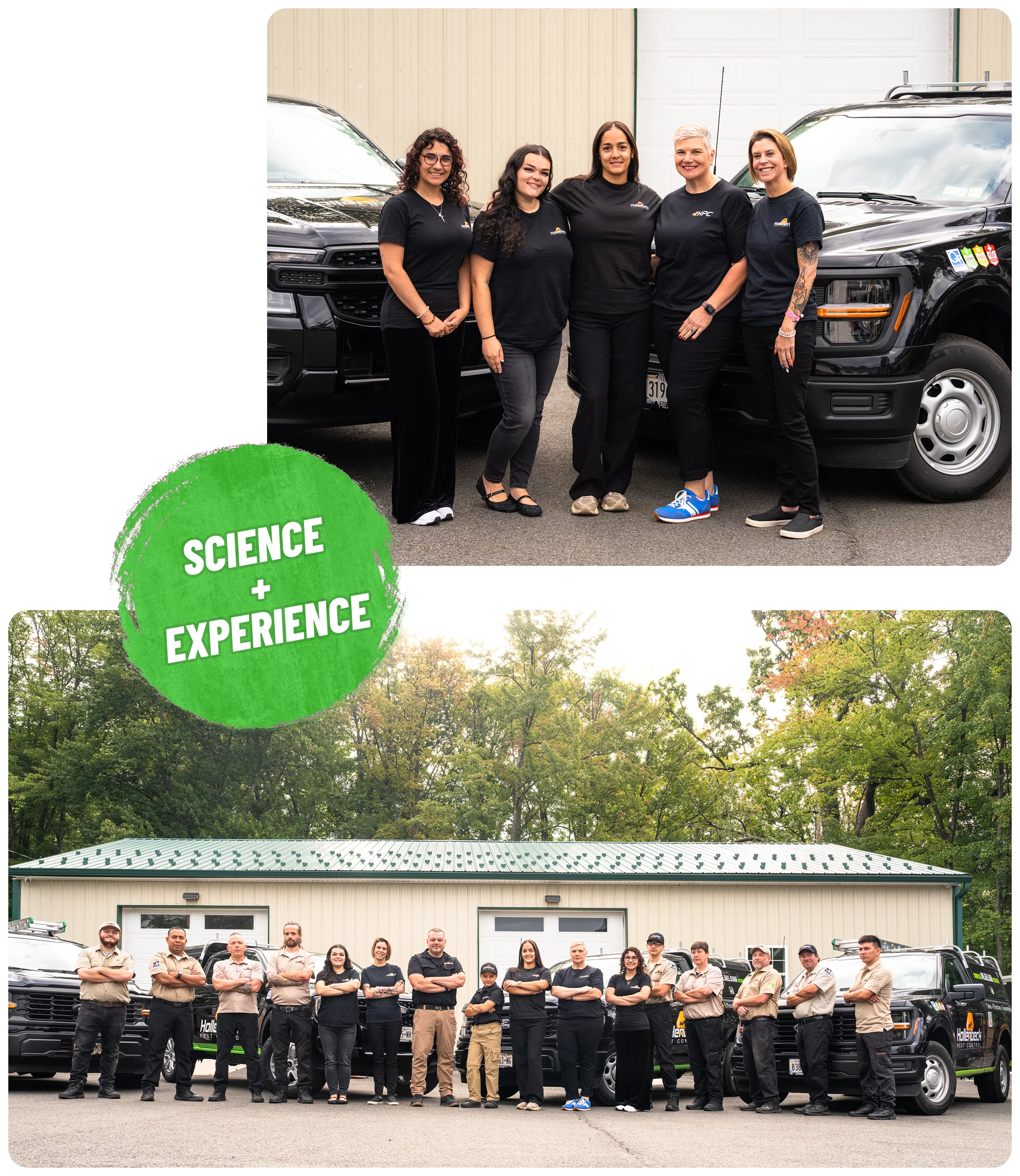 Hollenbeck Pest Control team members posing beside company service vehicles, showcasing their experience and commitment to professional pest management.