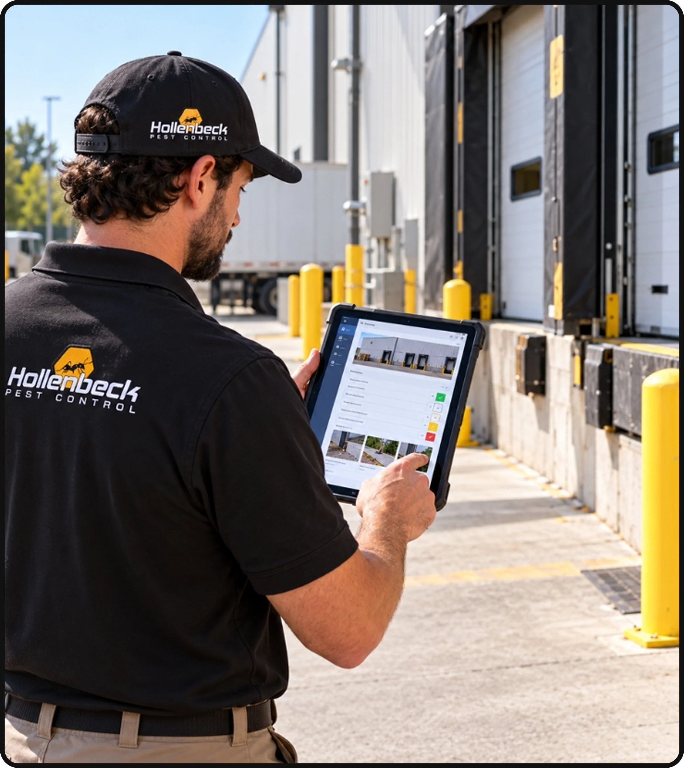 Hollenbeck Pest Control technician inspecting a commercial property with a tablet