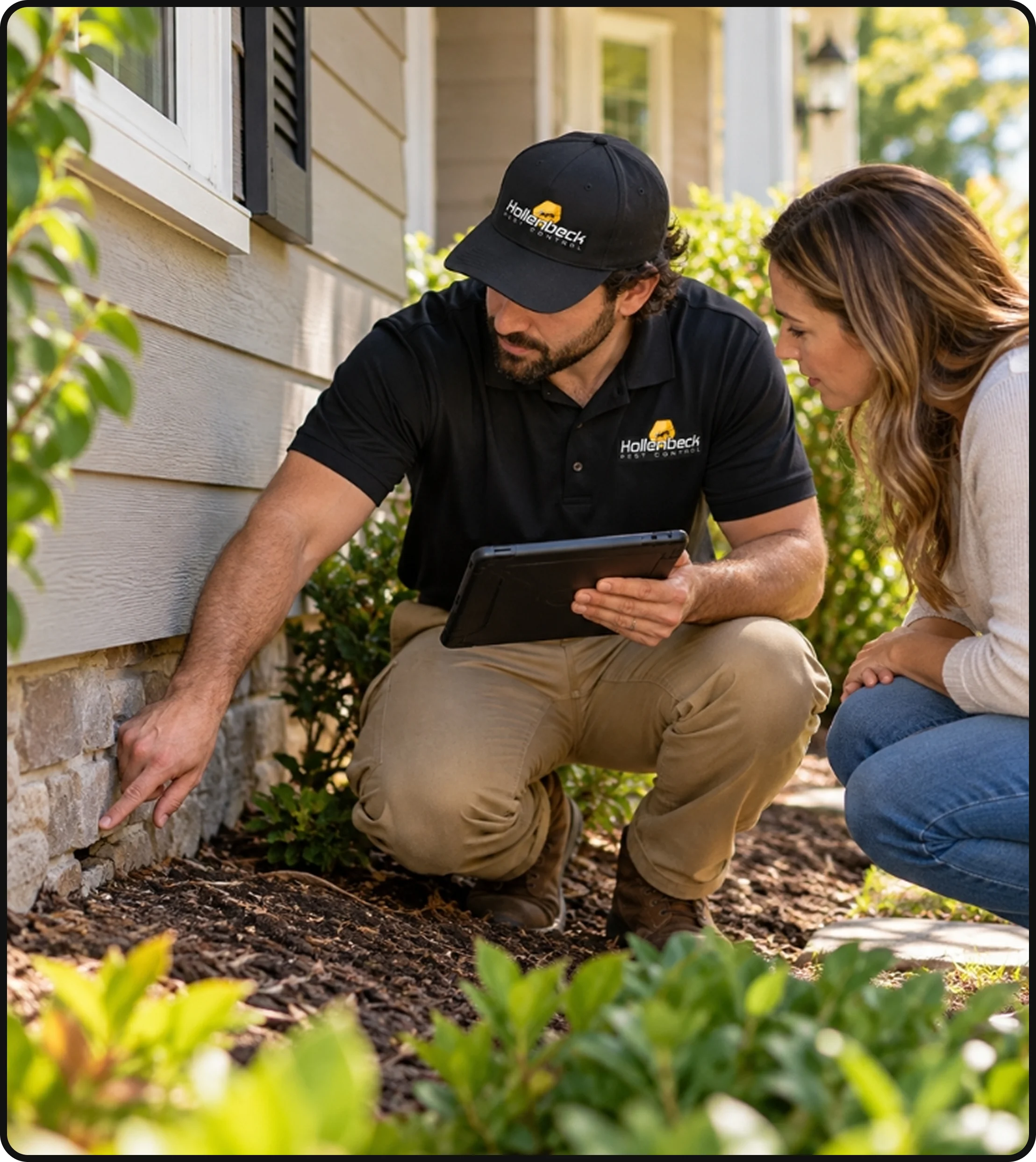 Hollenbeck Pest Control technician inspecting a residential property with a homeowner