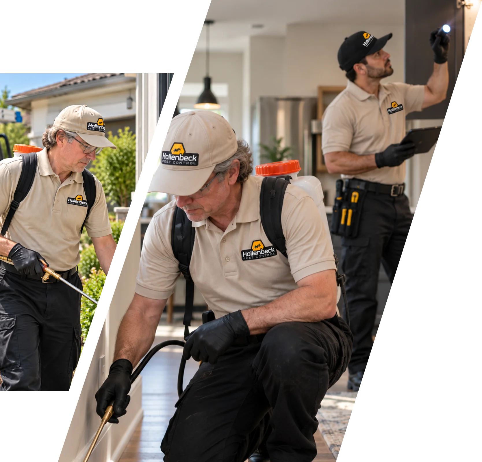 Two Hollenbeck Pest Control technicians performing pest control treatments inside a home